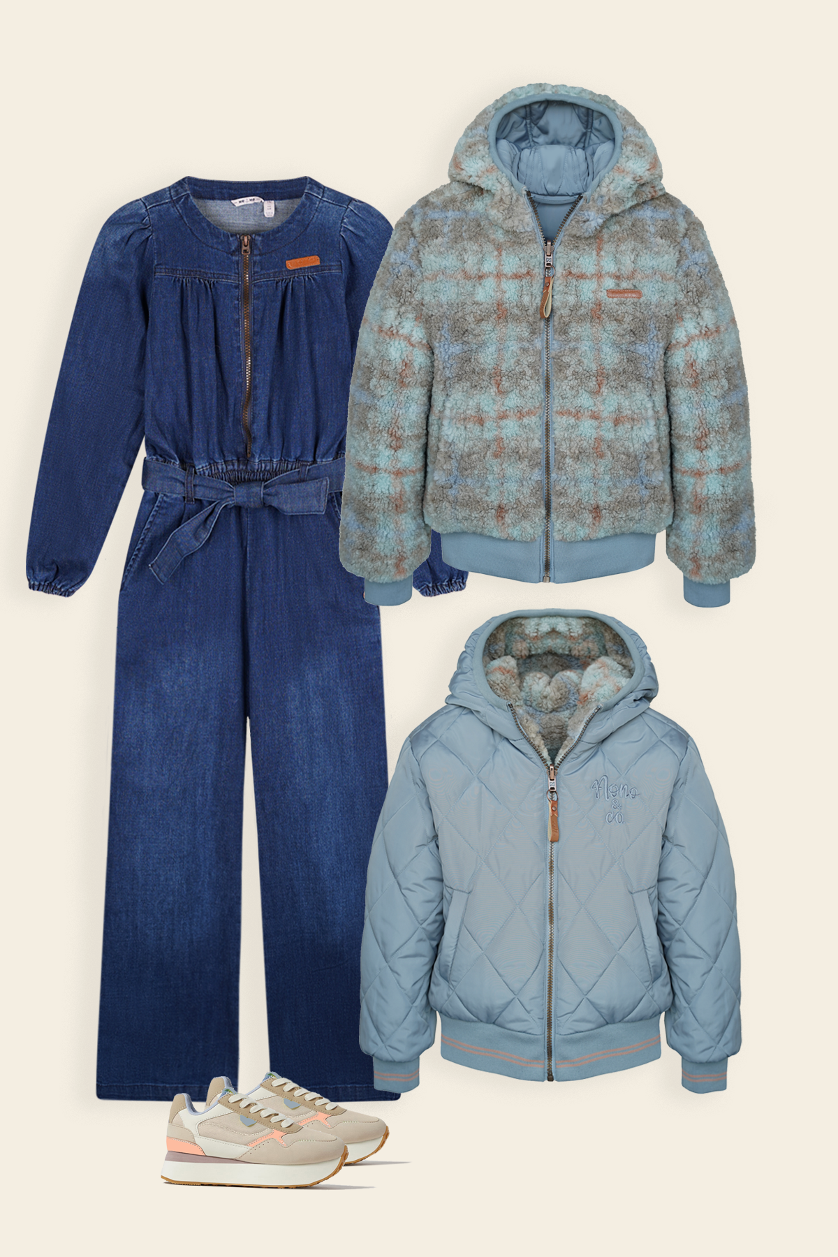 Reversible Teddy Winterjas & Light Weight Denim Jumpsuit Navy