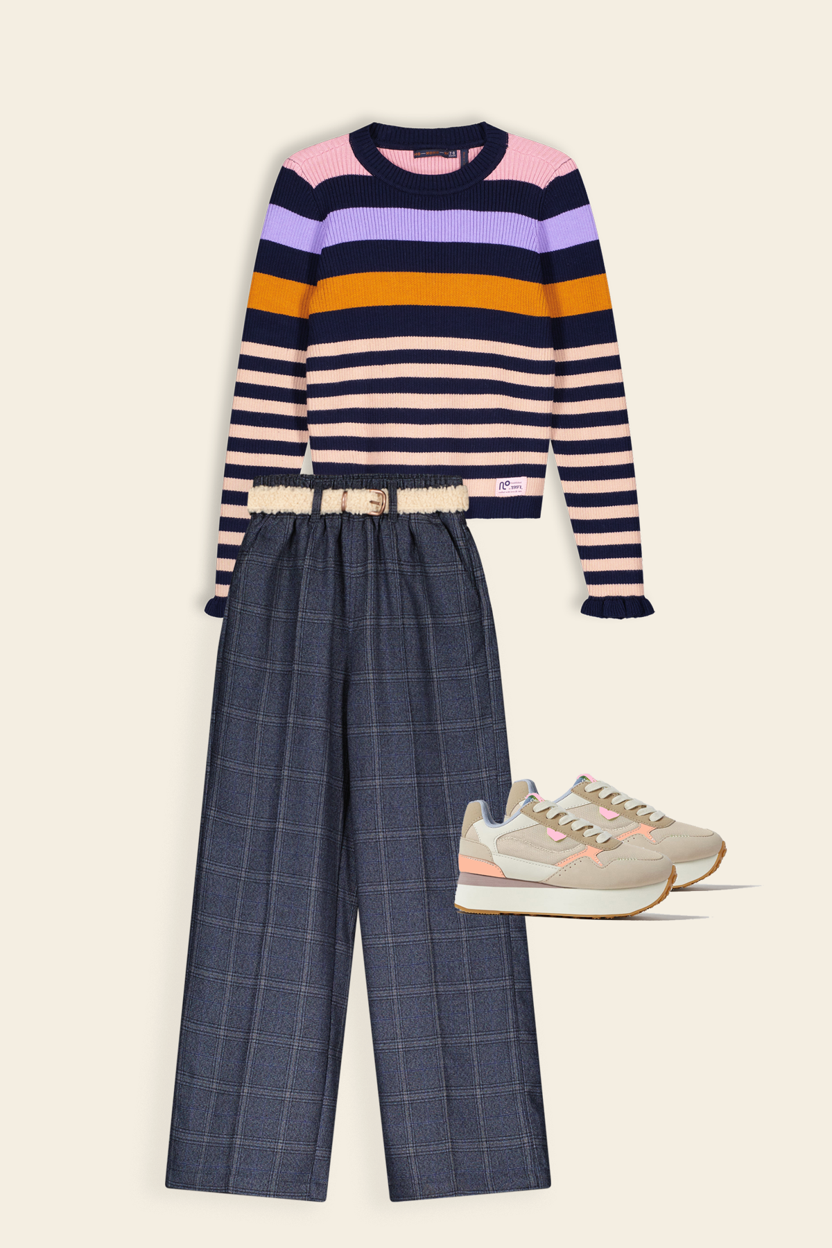 Gestreepte Trui & Geruiten Wijde Broek met Riem