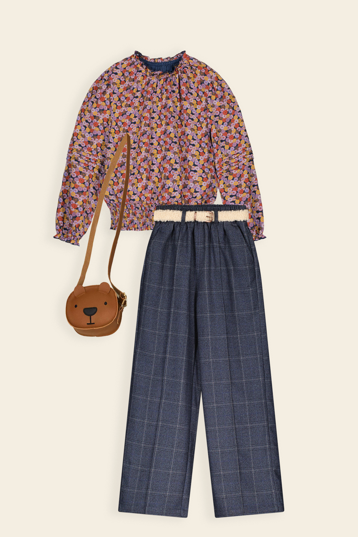 Gebloemde Blouse & Geruiten Wijde Broek met Riem