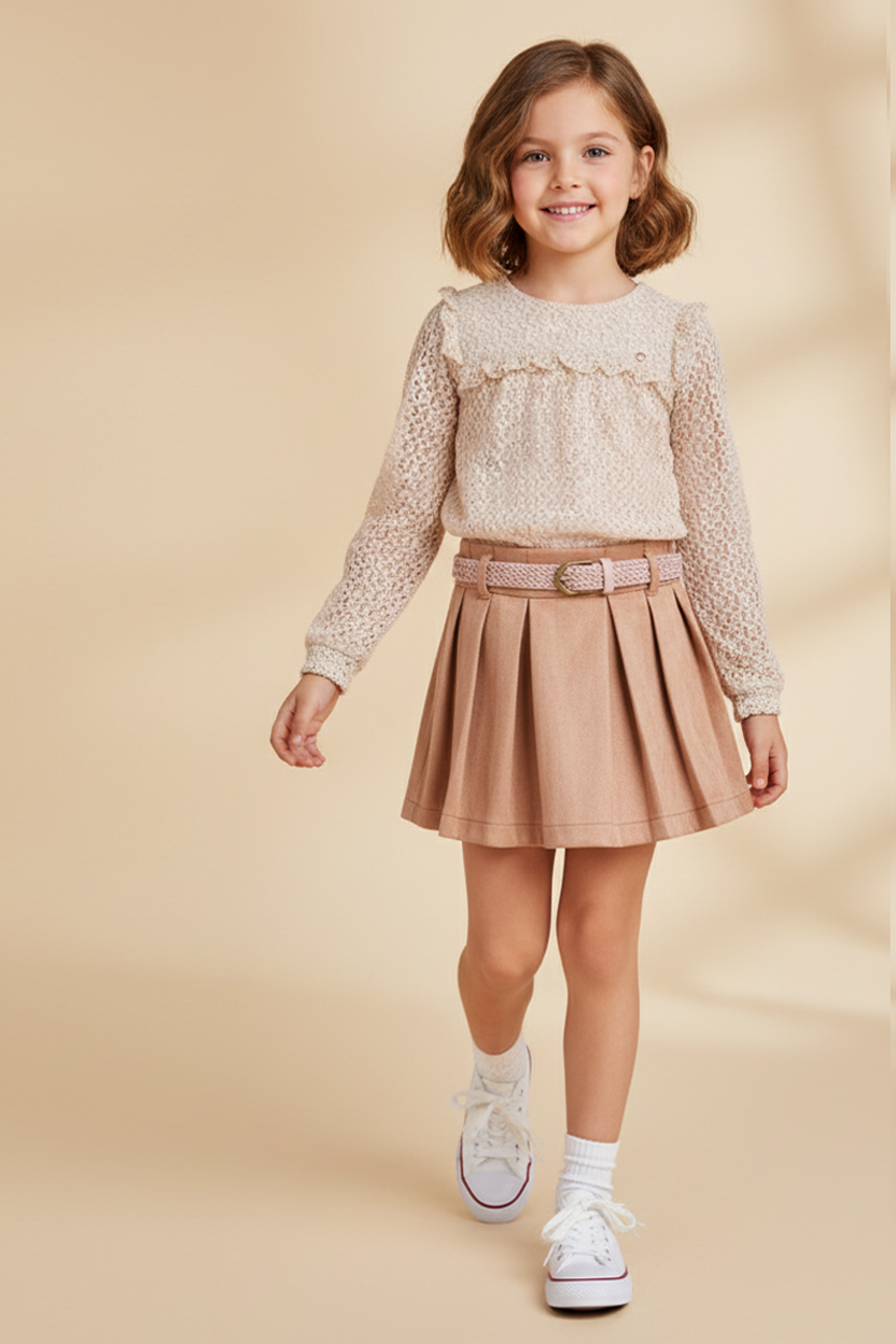 Kanten Blouse Ivoor & Suede Skort met Riem Taupe