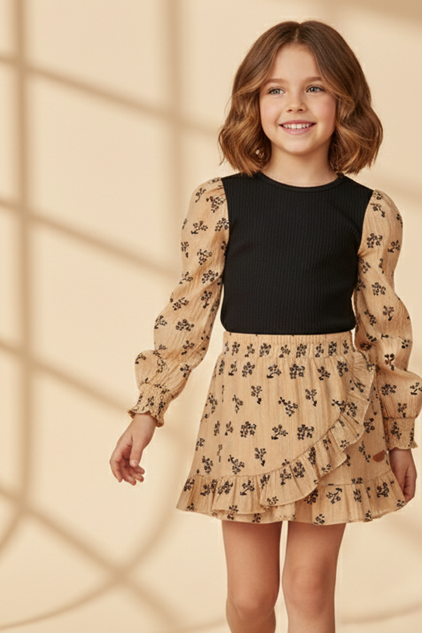 Gebloemde Rok & Rib Jersey Top Contrast Pofmouwen