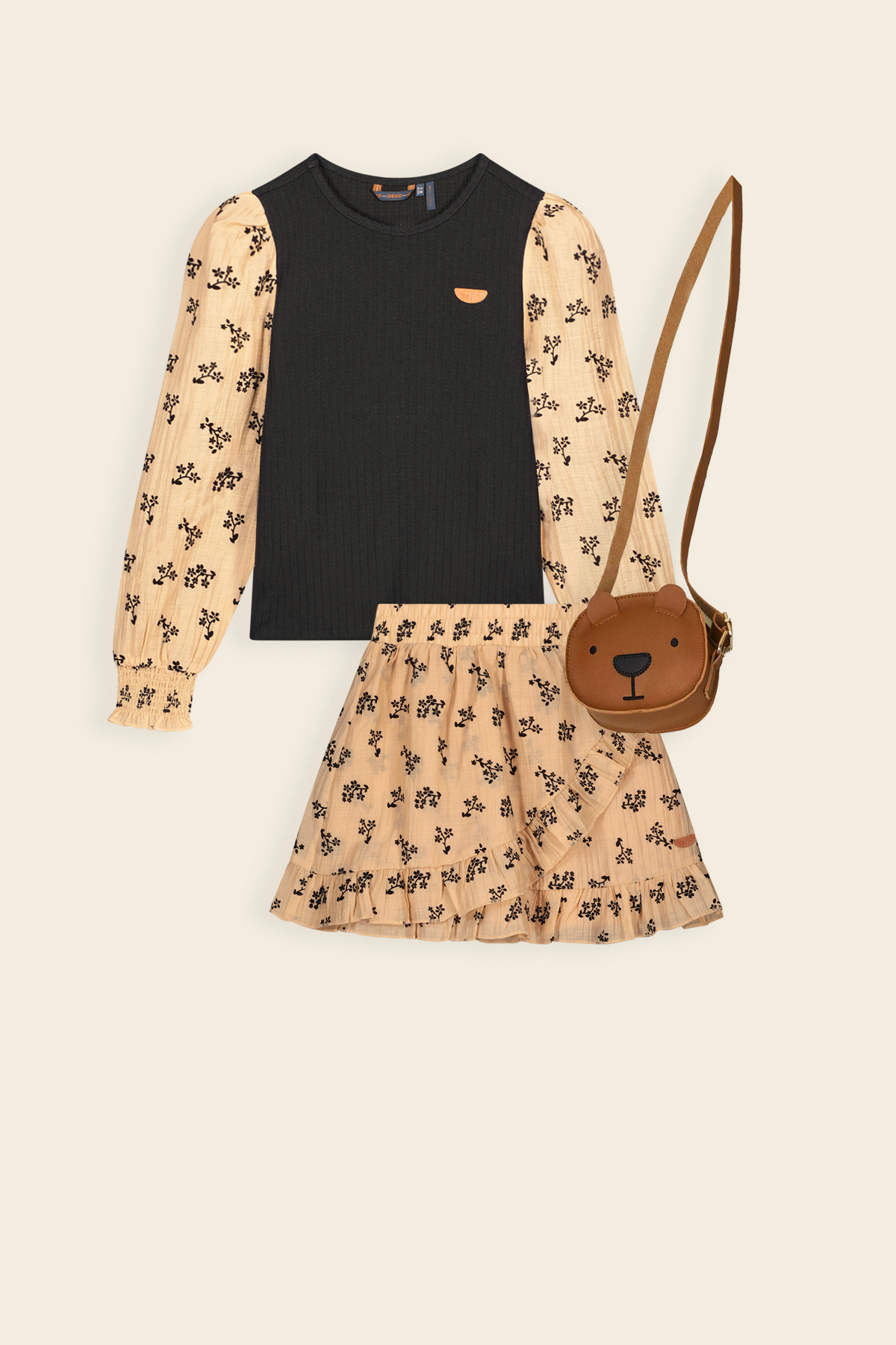 Gebloemde Rok & Rib Jersey Top Contrast Pofmouwen