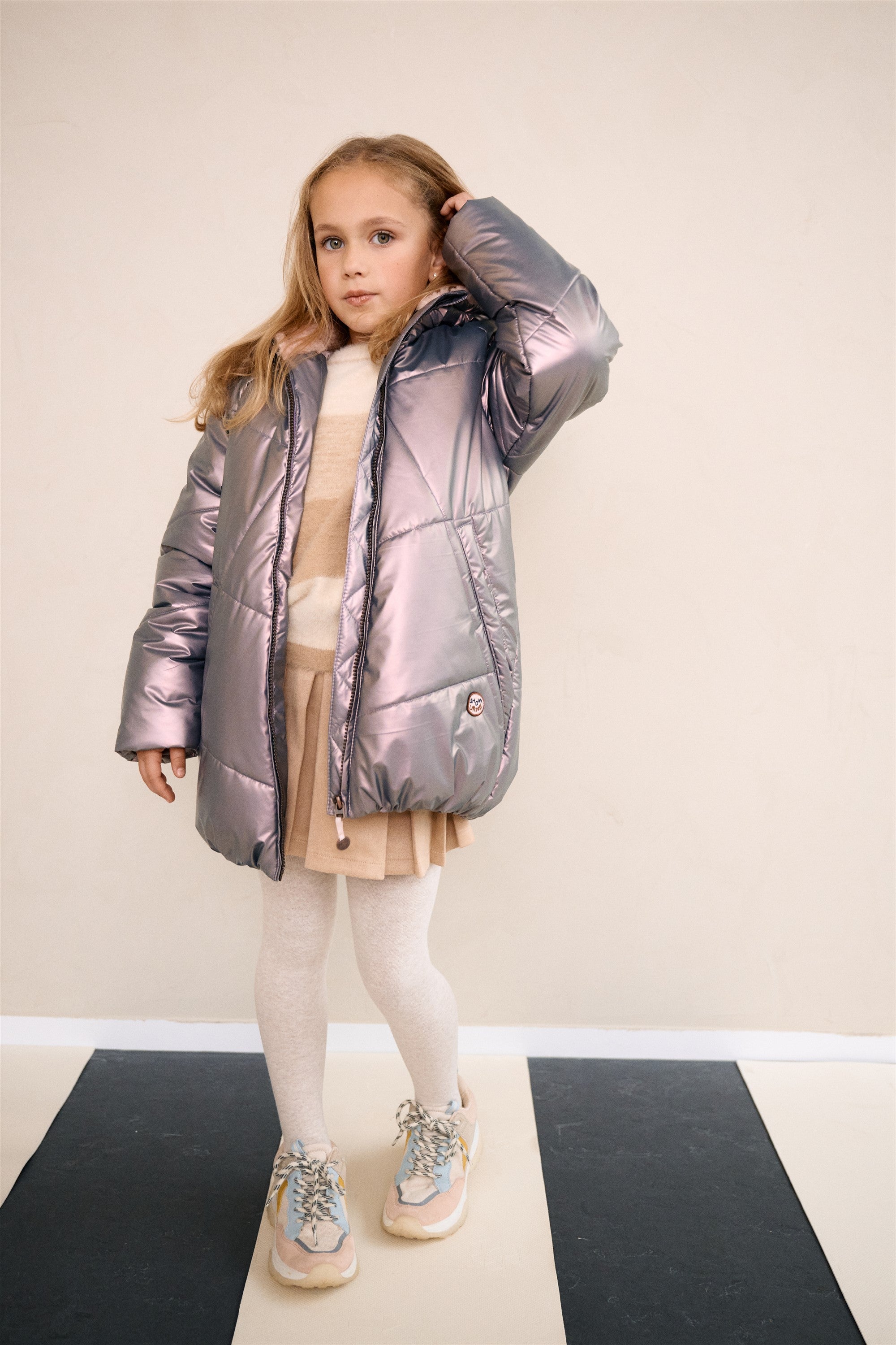 Baybee Halflange Satijnen Winterjas met Capuchon Metallic Roze