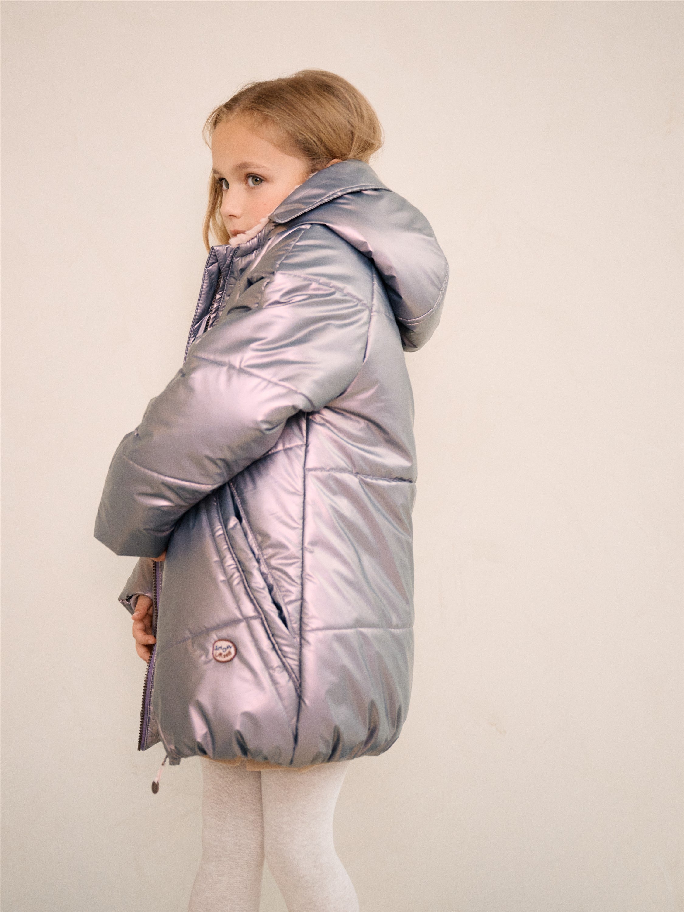 Baybee Halflange Satijnen Winterjas met Capuchon Metallic Roze