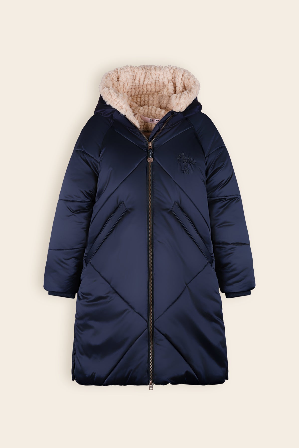 Beetle Lange Satijnen Winterjas met Capuchon Navy