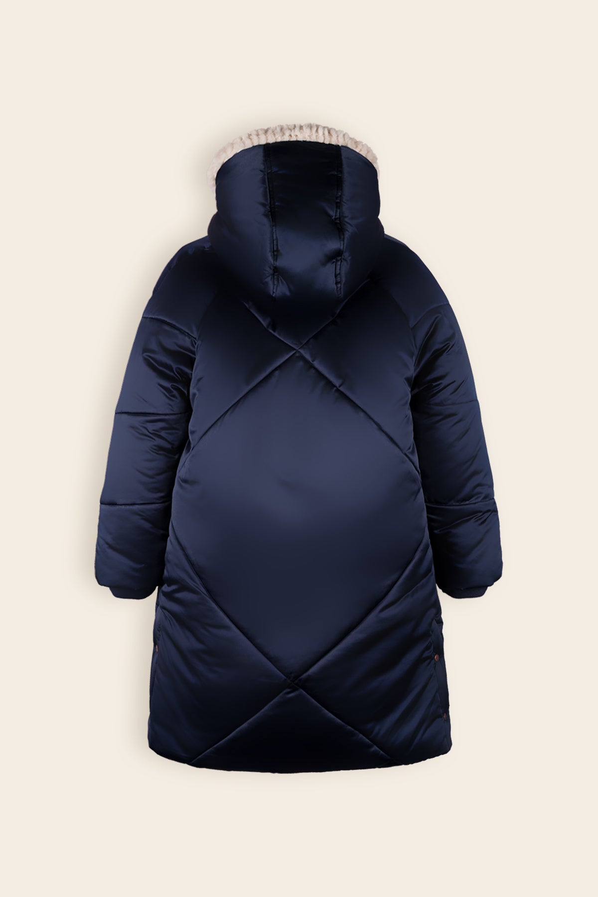 Beetle Lange Satijnen Winterjas met Capuchon Navy