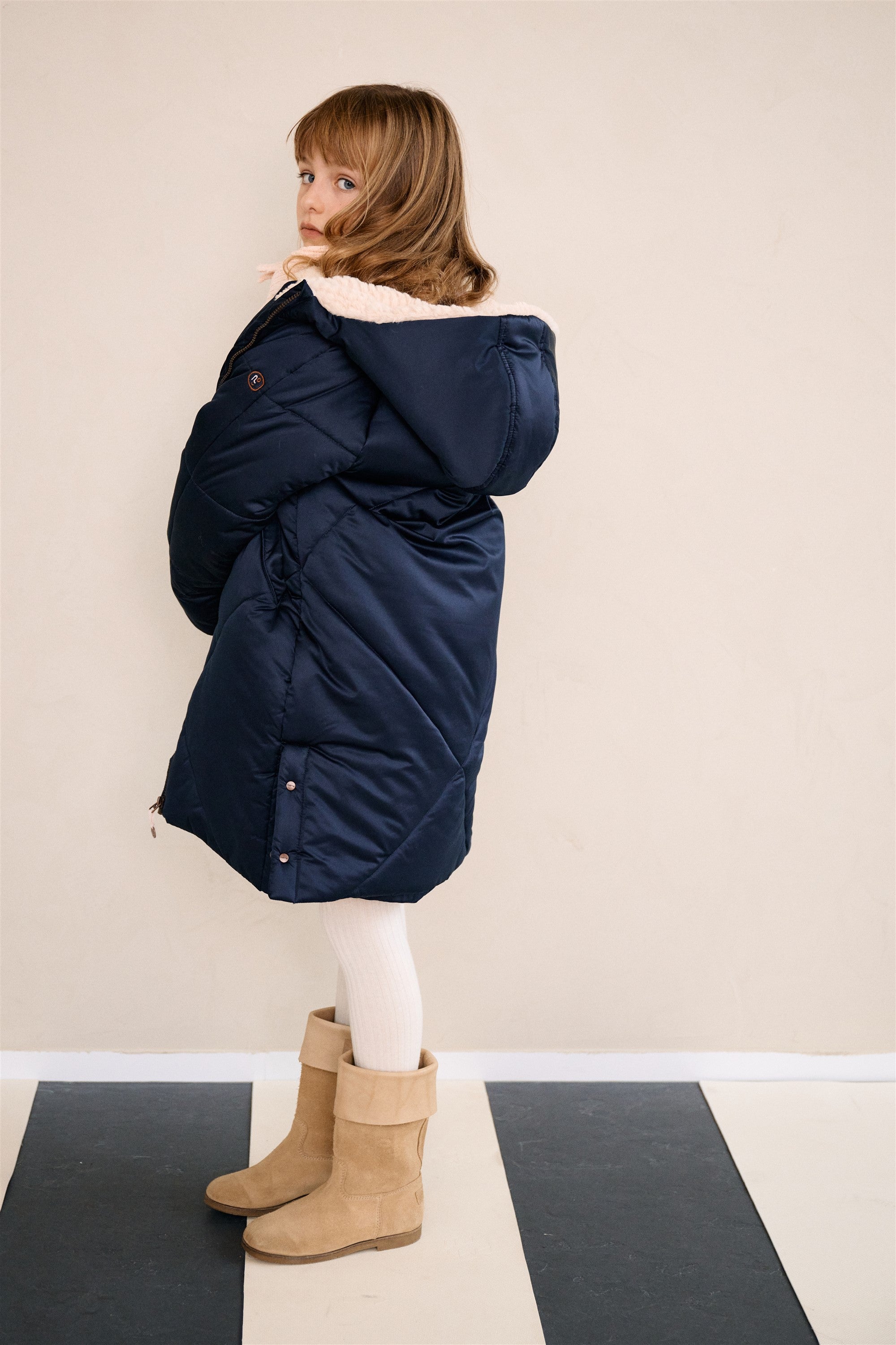 Beetle Lange Satijnen Winterjas met Capuchon Navy