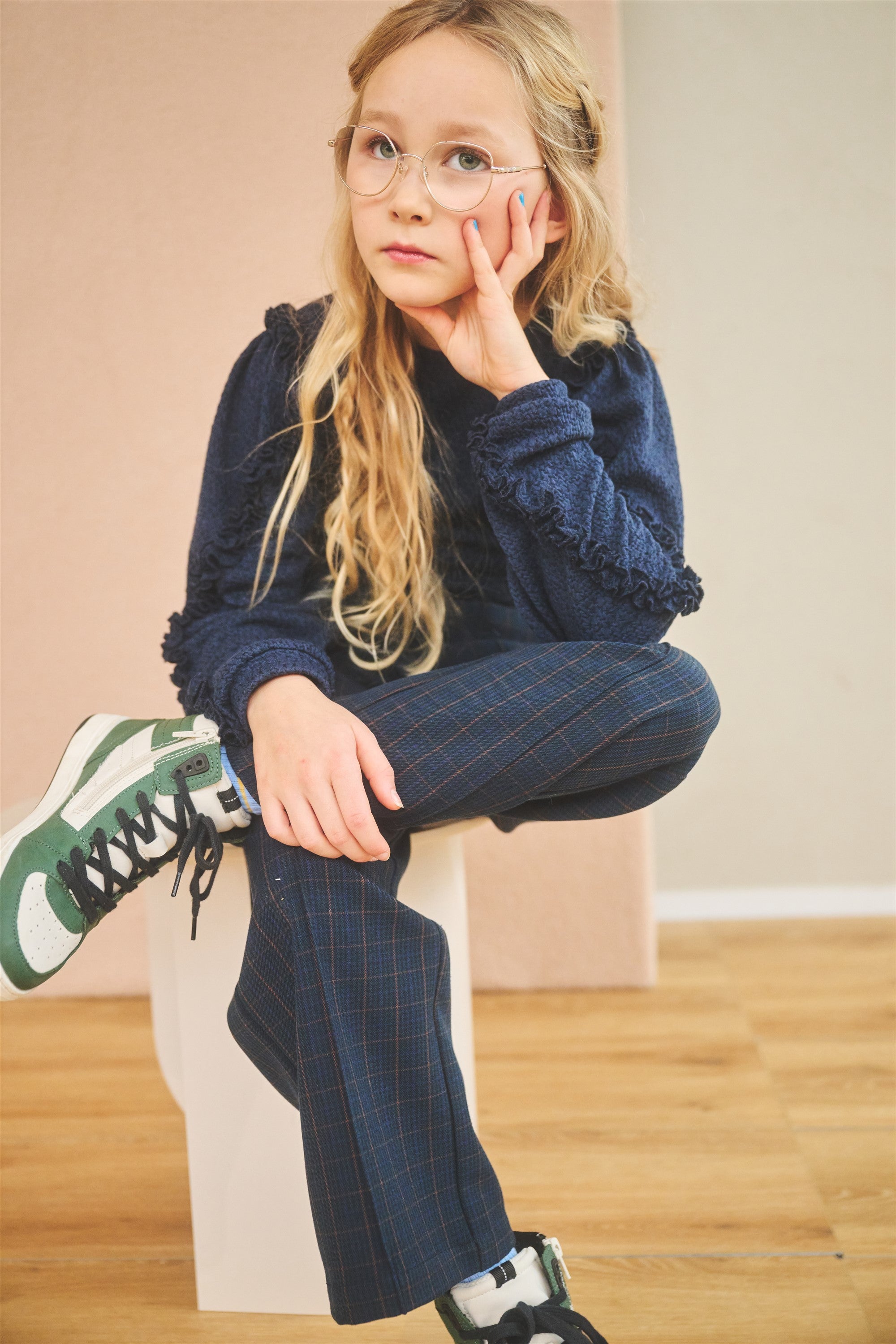 Sayla Checked Palazzo Pants Navy