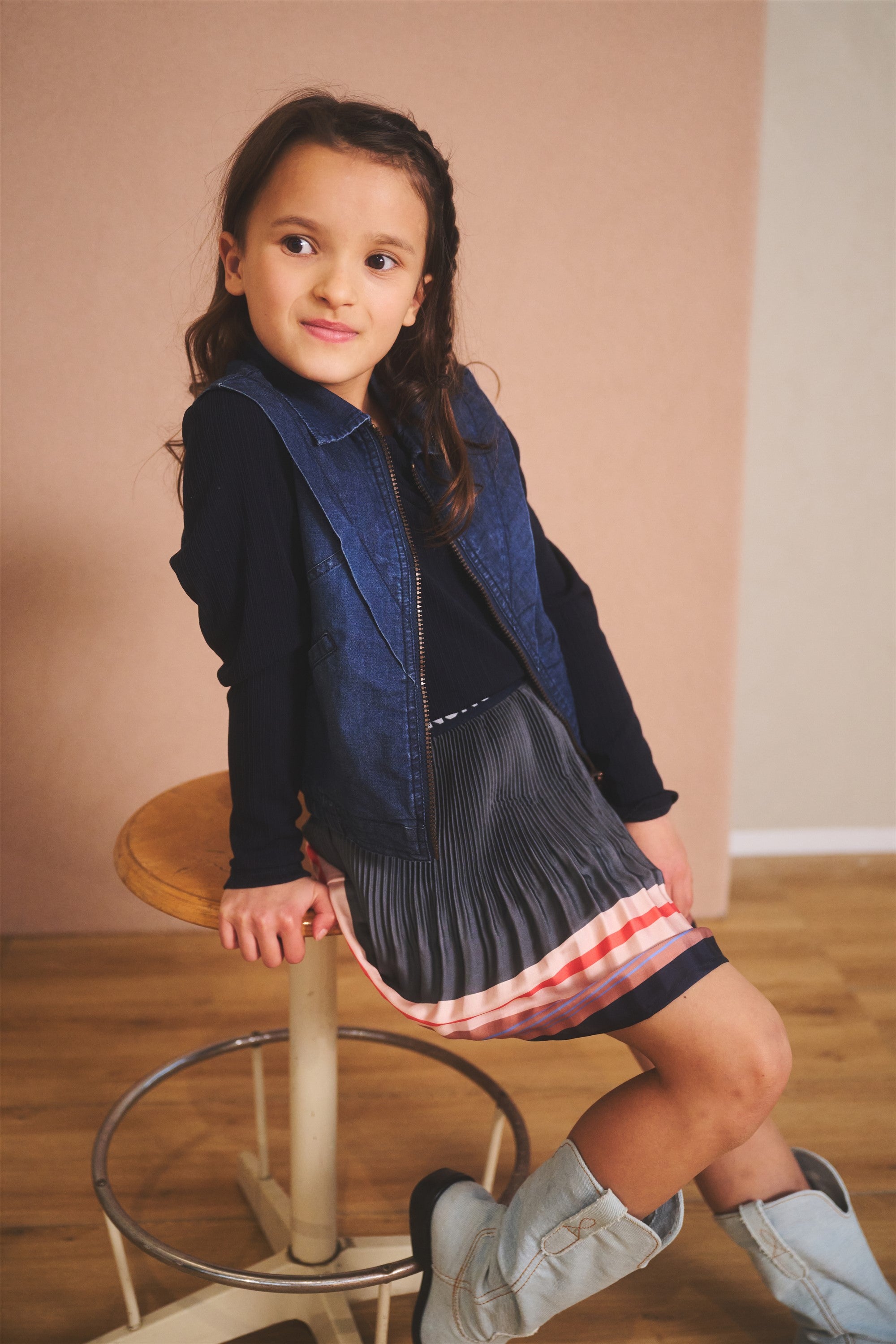 Mika Combi Dress with Satin Border Print Skirt Part Navy