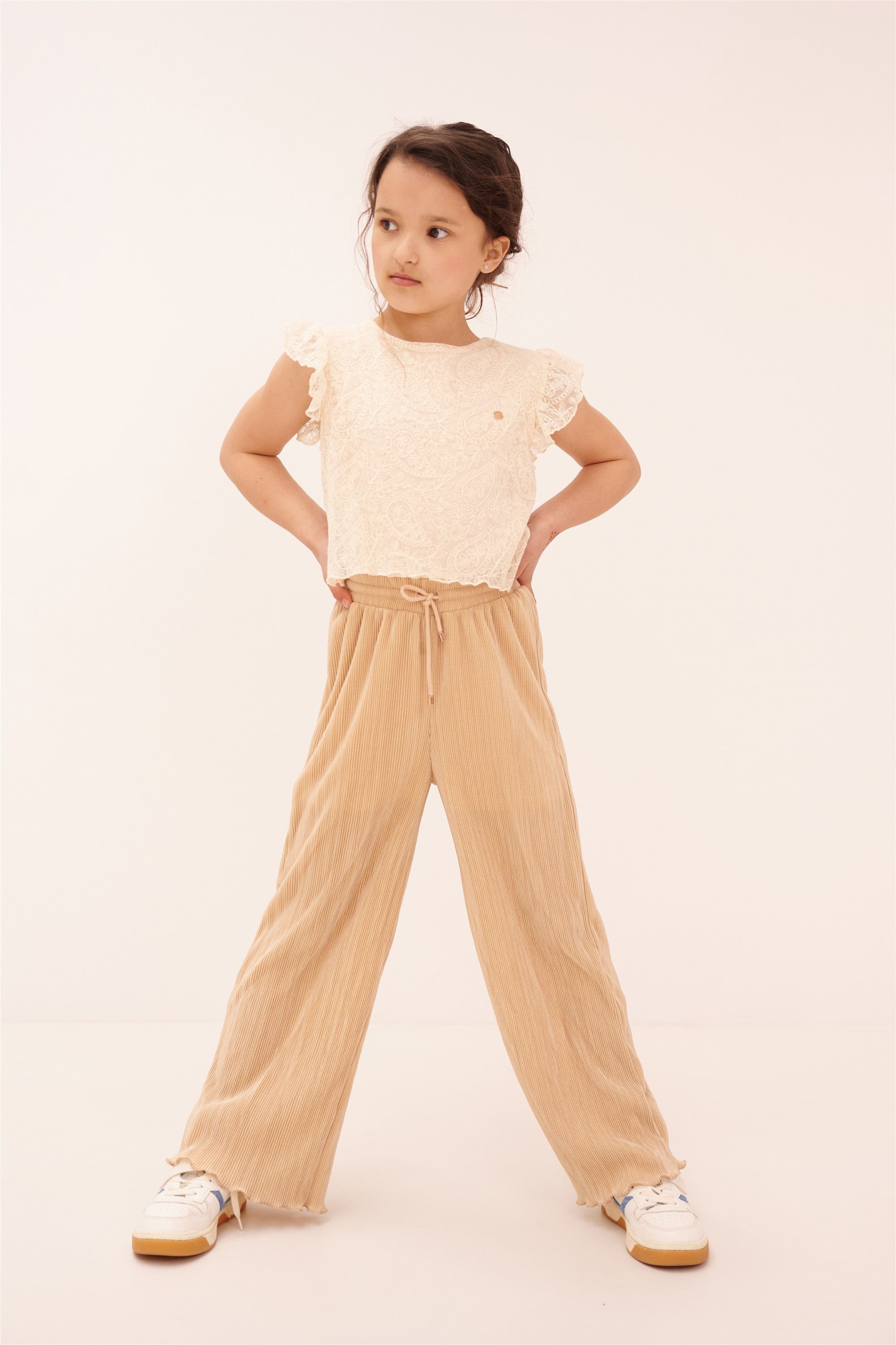Semma Plissee Jumsuit met Kanten Top Zand