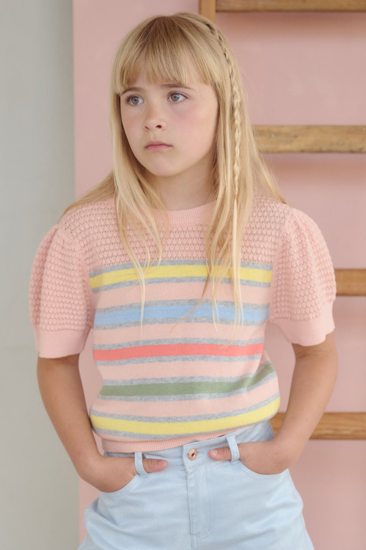 Kerala Ajour Gebreide Gestreepte Top Zacht Roze