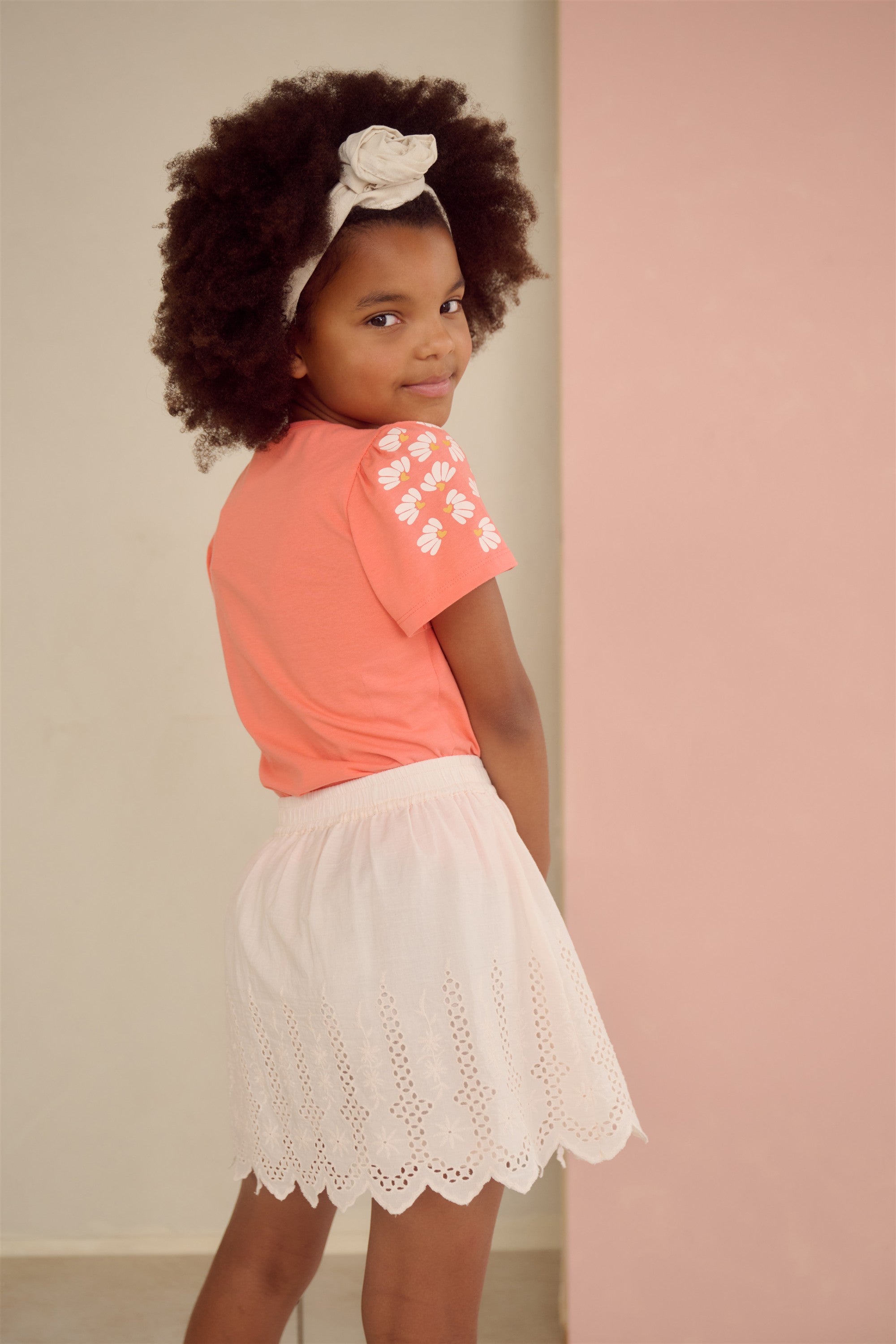 Kaby T-shirt Floral print on sleeve Coral Orange