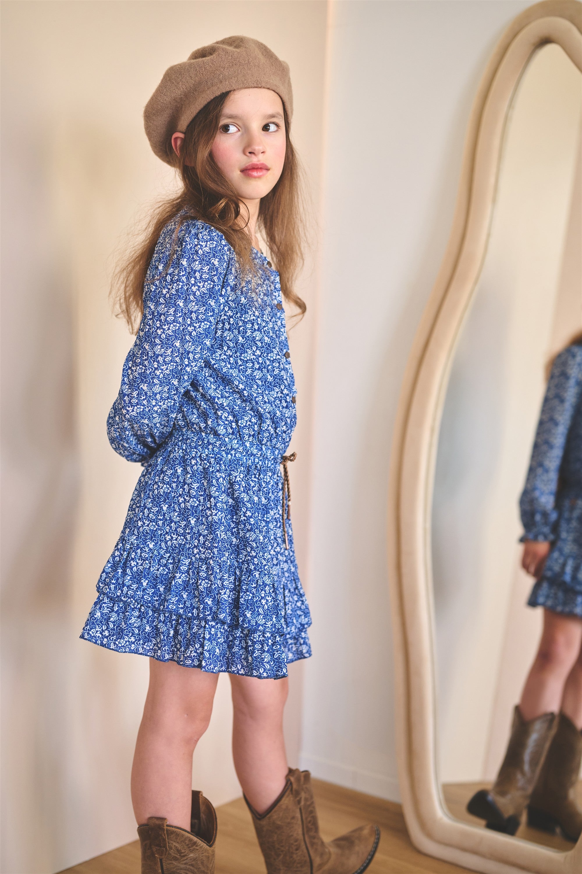 Miggy Geprinte Japanse Bloemen Jurk Blauw
