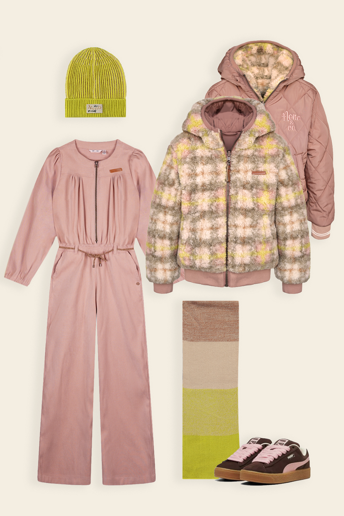 Reversible Teddy Winterjas & Twill Jumpsuit Oud Roze