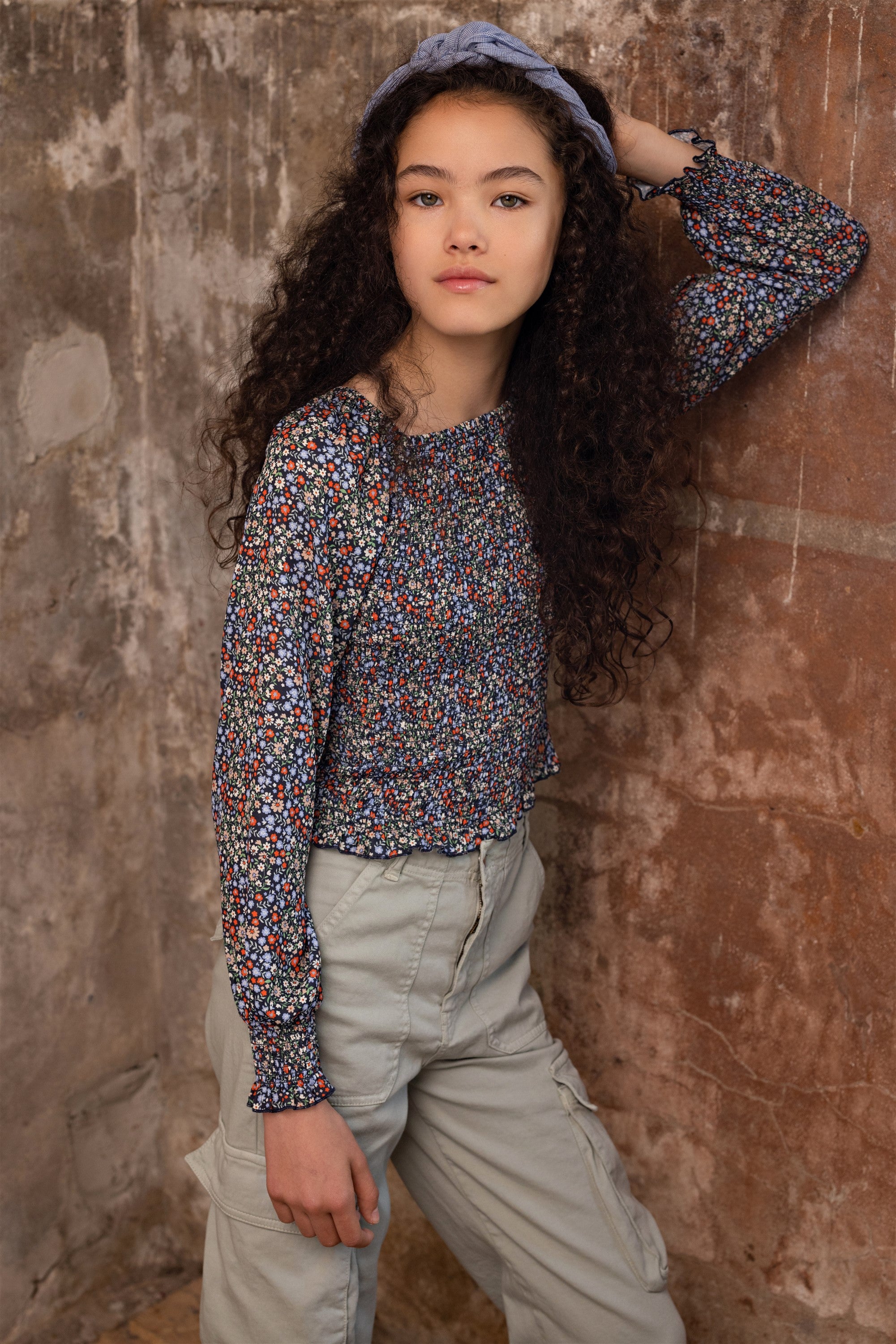 Tessa Smocked Floral Blouse Navy
