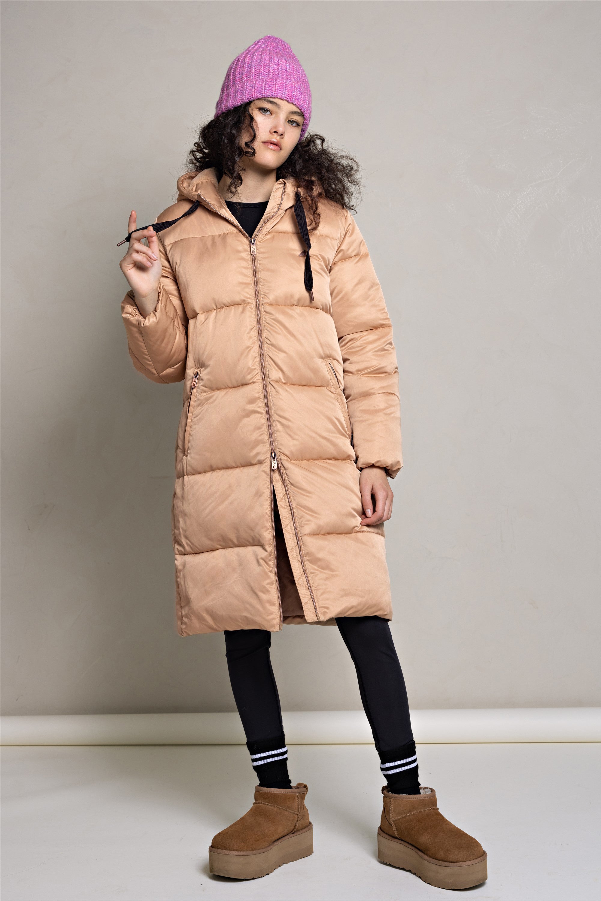 Baggo Long Puffer Jacket with Hood Beige Gold