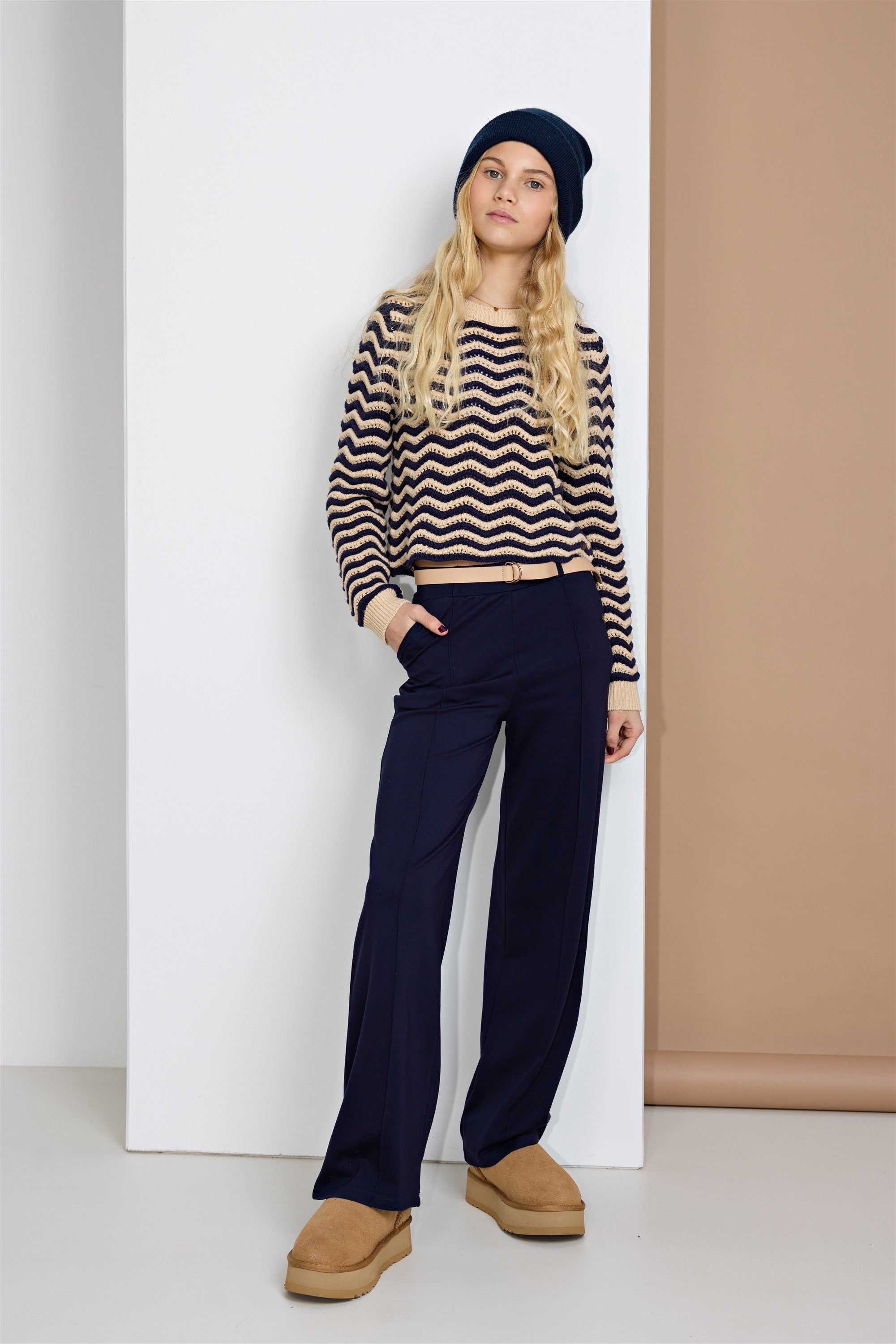 Salet Palazzo Pants with Belt Navy