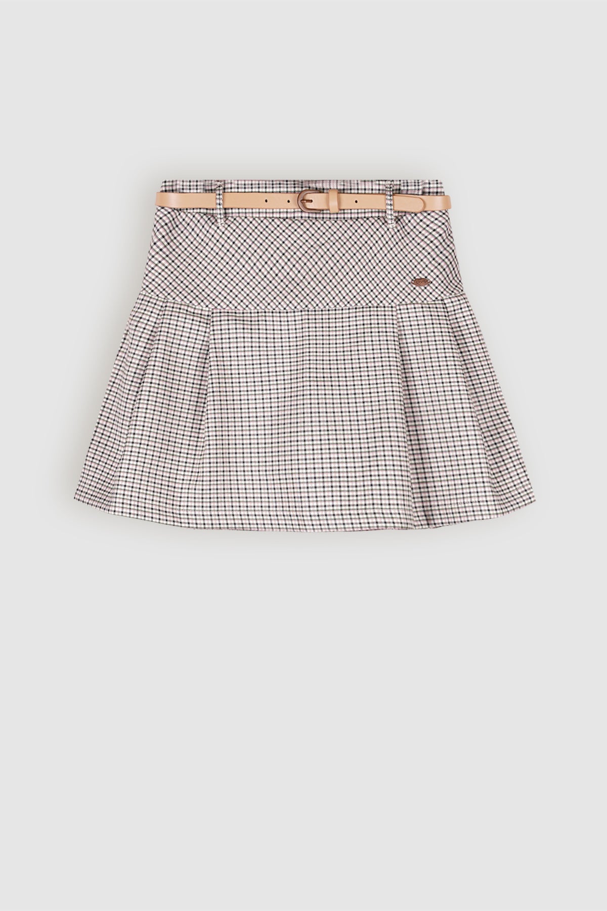 Nimmy Check Pleated Skirt with Belt Ivory