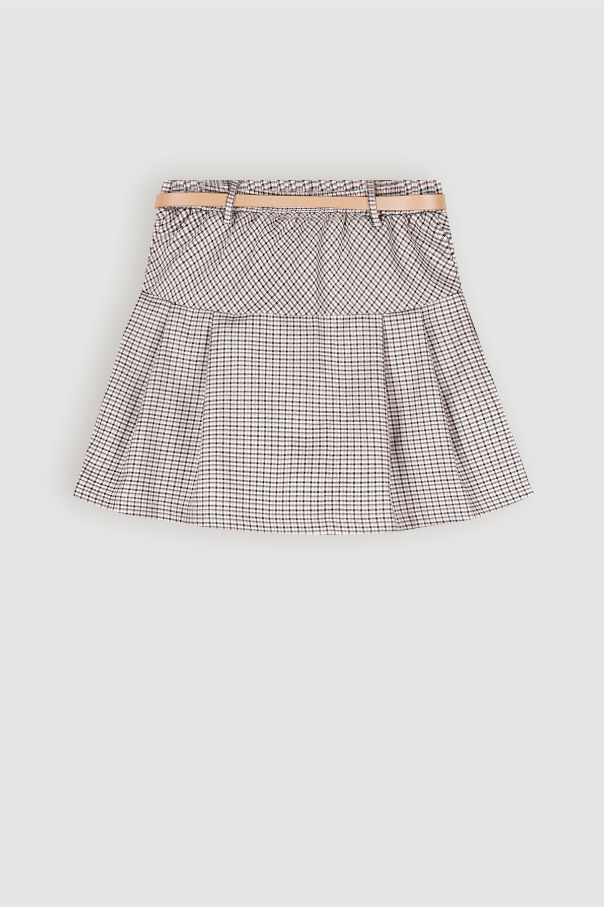 Nimmy Check Pleated Skirt with Belt Ivory