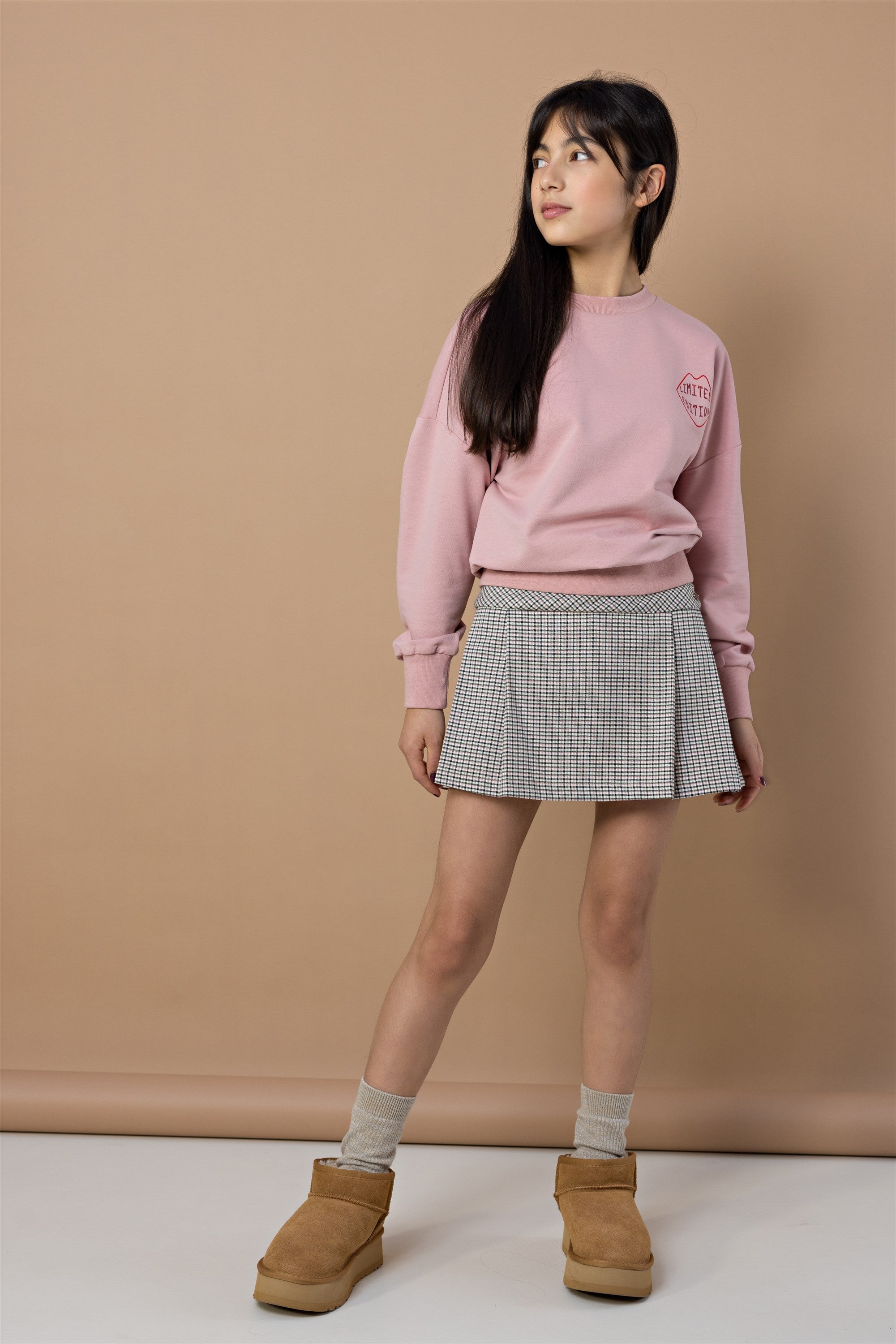 Nimmy Check Pleated Skirt with Belt Ivory