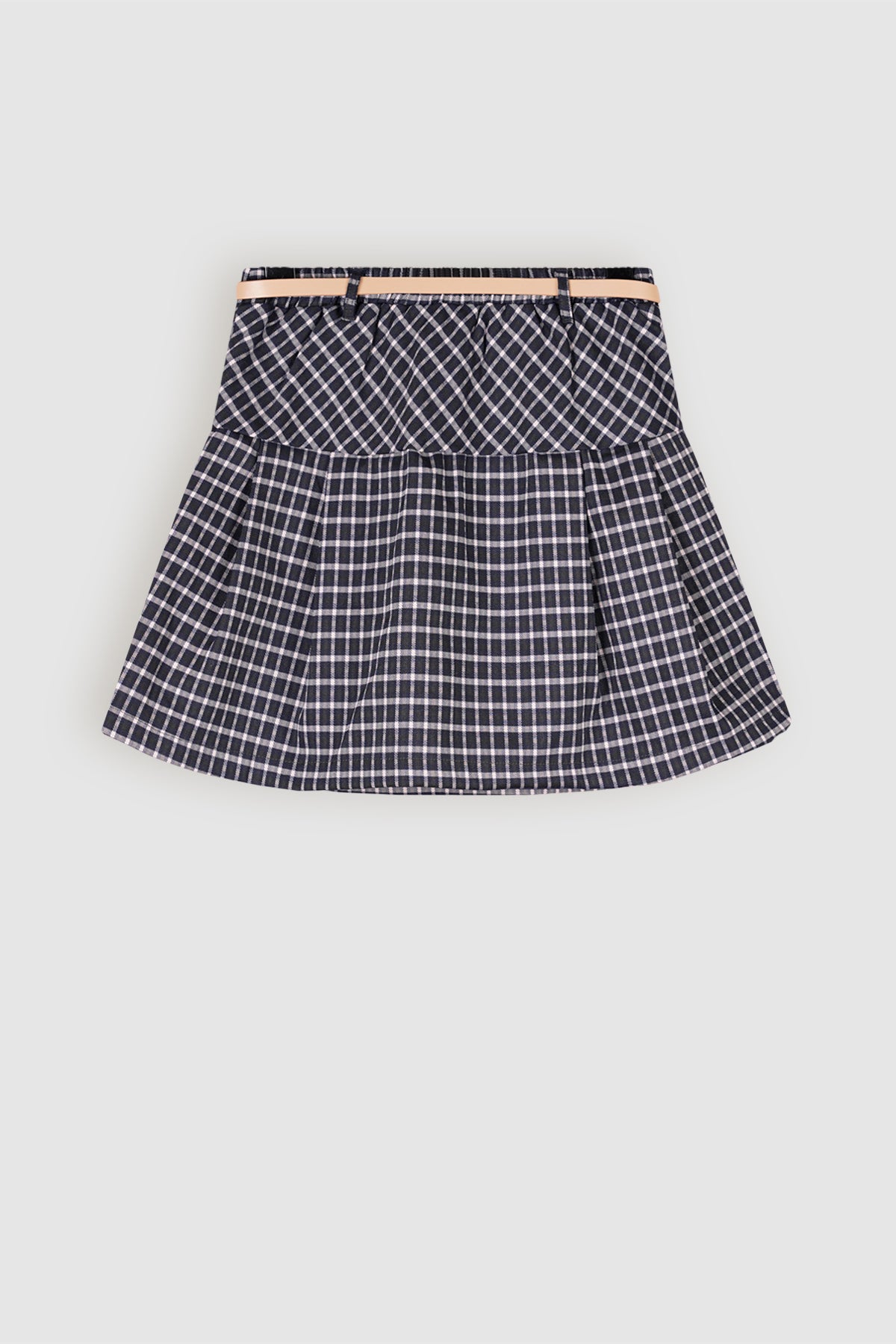 Nimmy Checked Pleated Skirt with Belt Navy