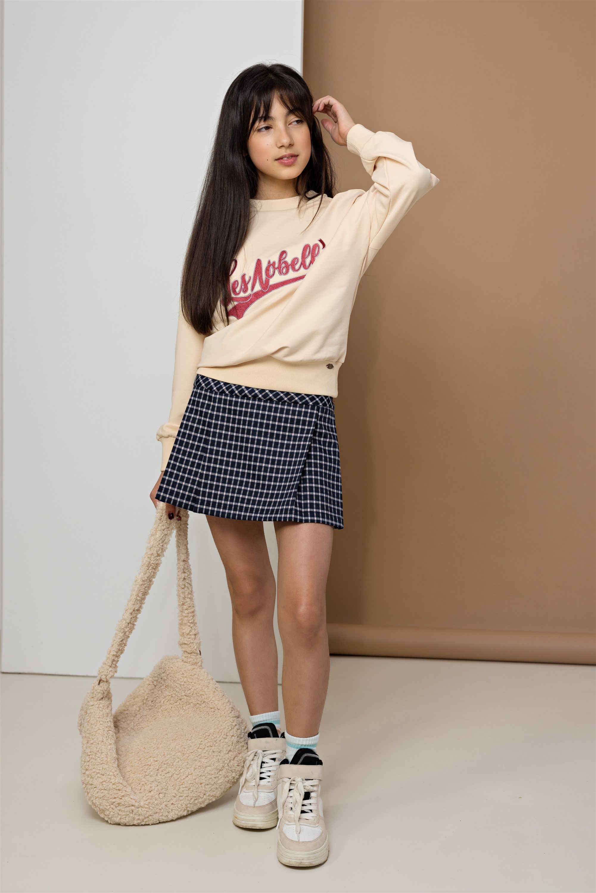 Nimmy Checked Pleated Skirt with Belt Navy