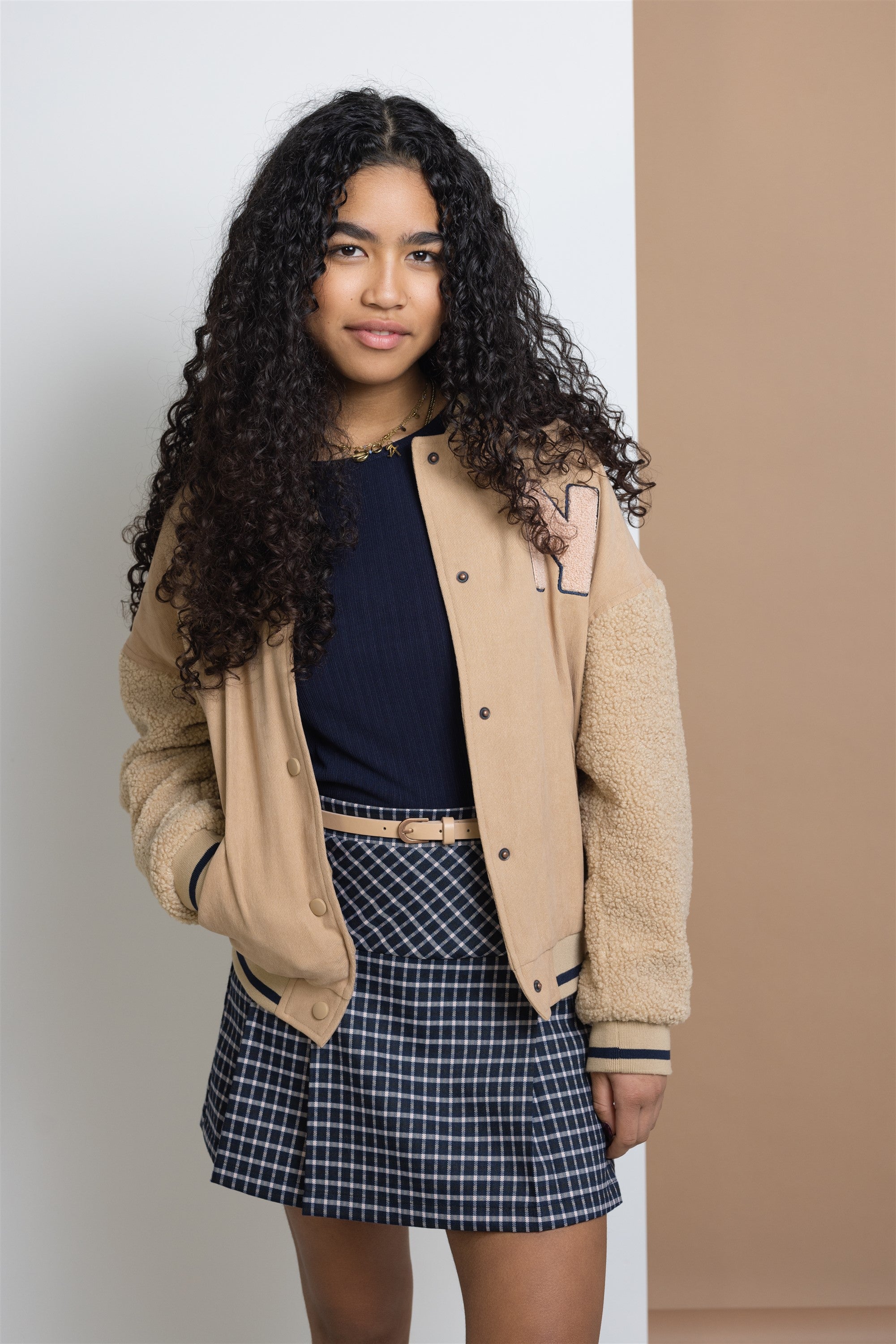 Nimmy Checked Pleated Skirt with Belt Navy