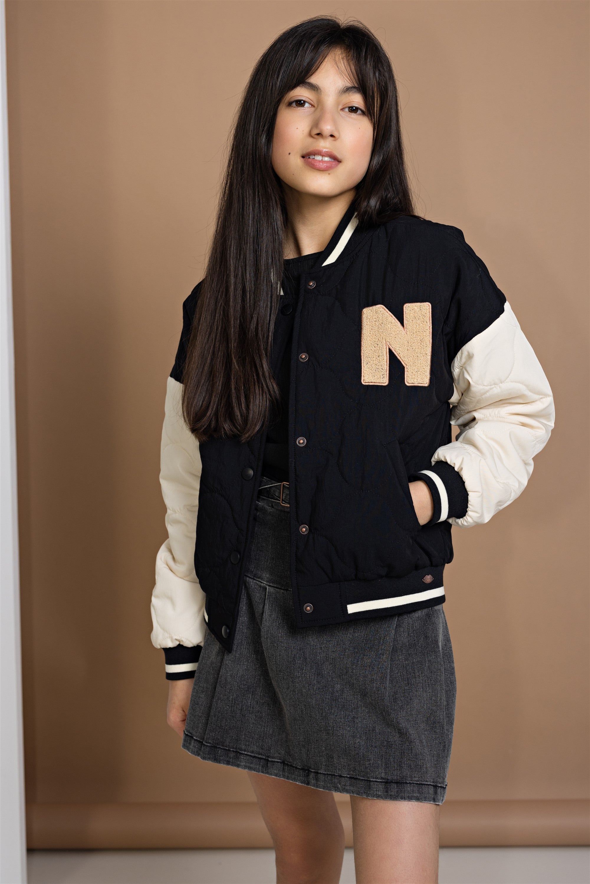 Darsy Stepped Varsity Bomber Jacket Black