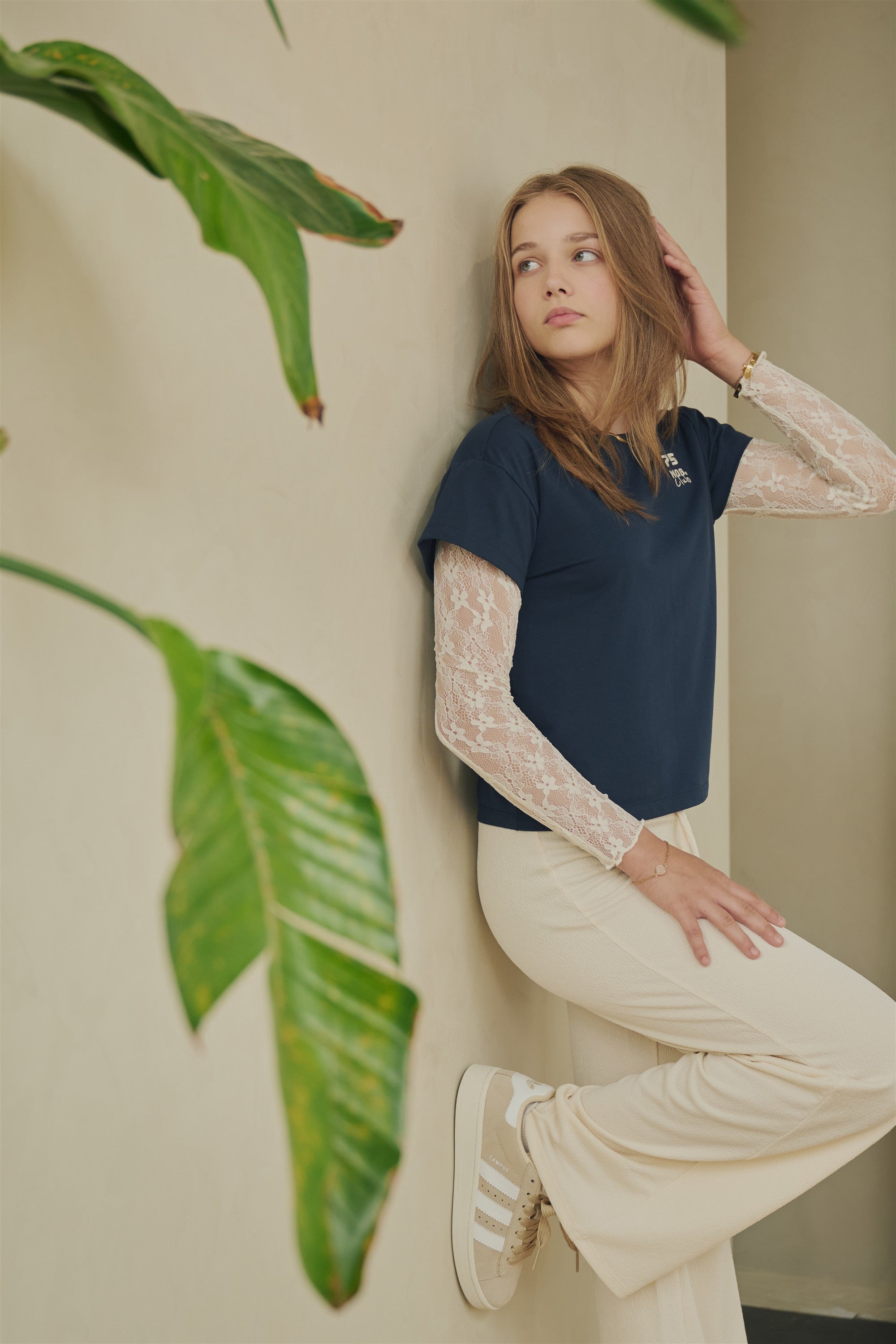 Kase Tshirt met kanten mouwen Donkerblauw