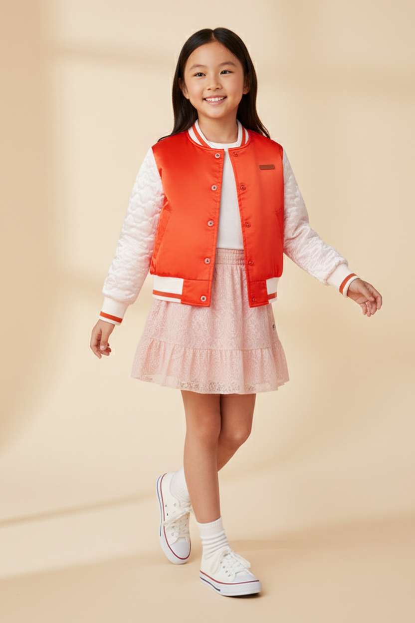 Satijnen Jas Rood & Geborduurde Mesh Rok Oud Roze