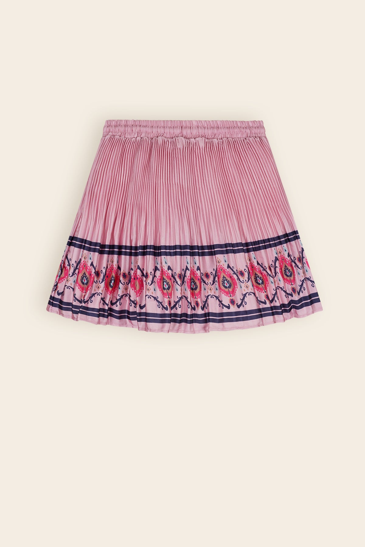 Nulan Pleated Satin Skirt Border Print Old Pink
