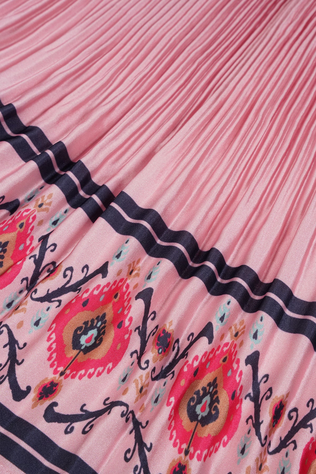 Nulan Pleated Satin Skirt Border Print Old Pink