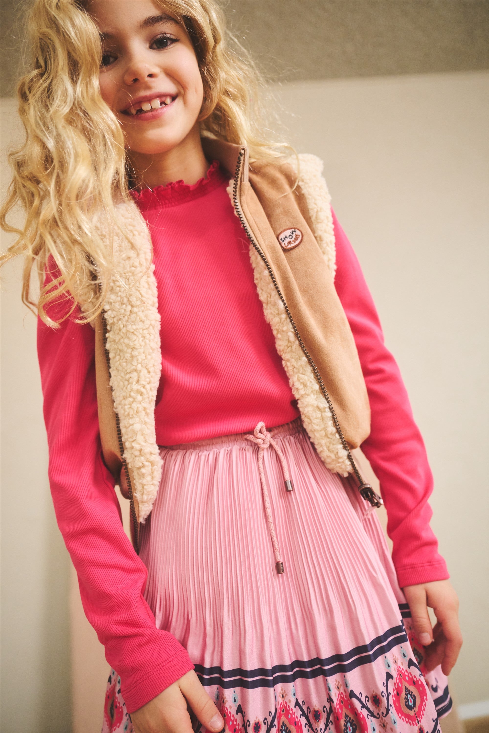 Nulan Pleated Satin Skirt Border Print Old Pink