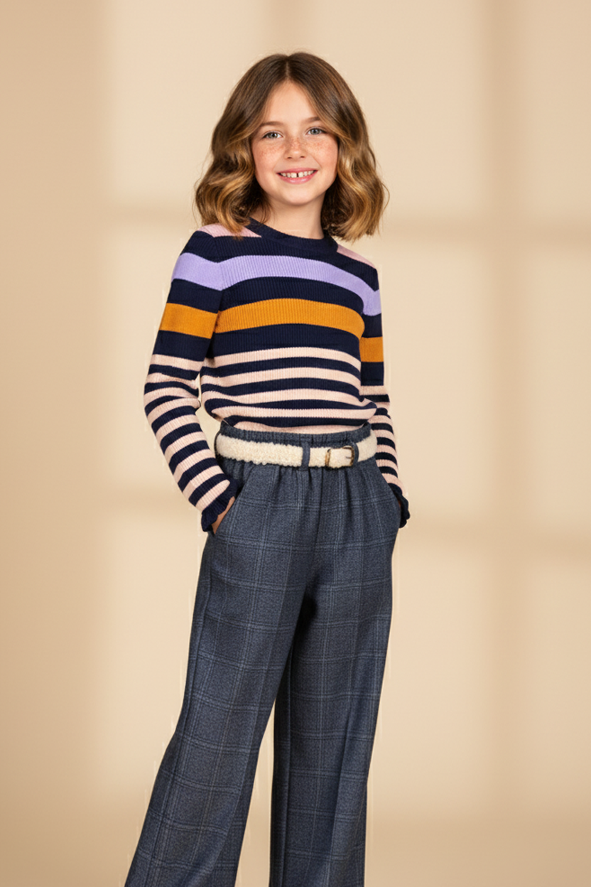 Gestreepte Trui & Geruiten Wijde Broek met Riem