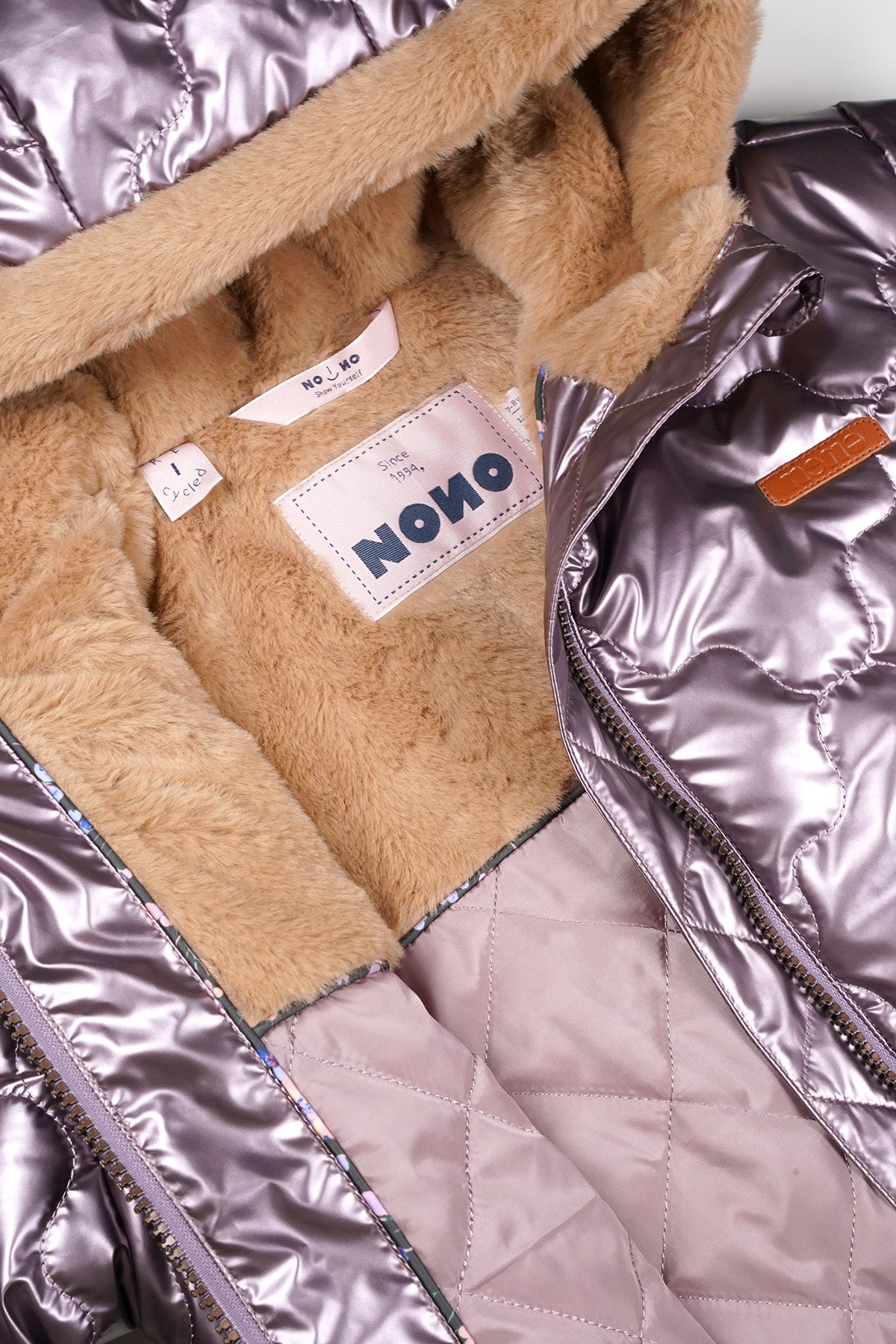 Bee Stepped Winter Coat with Hood Metallic Pink