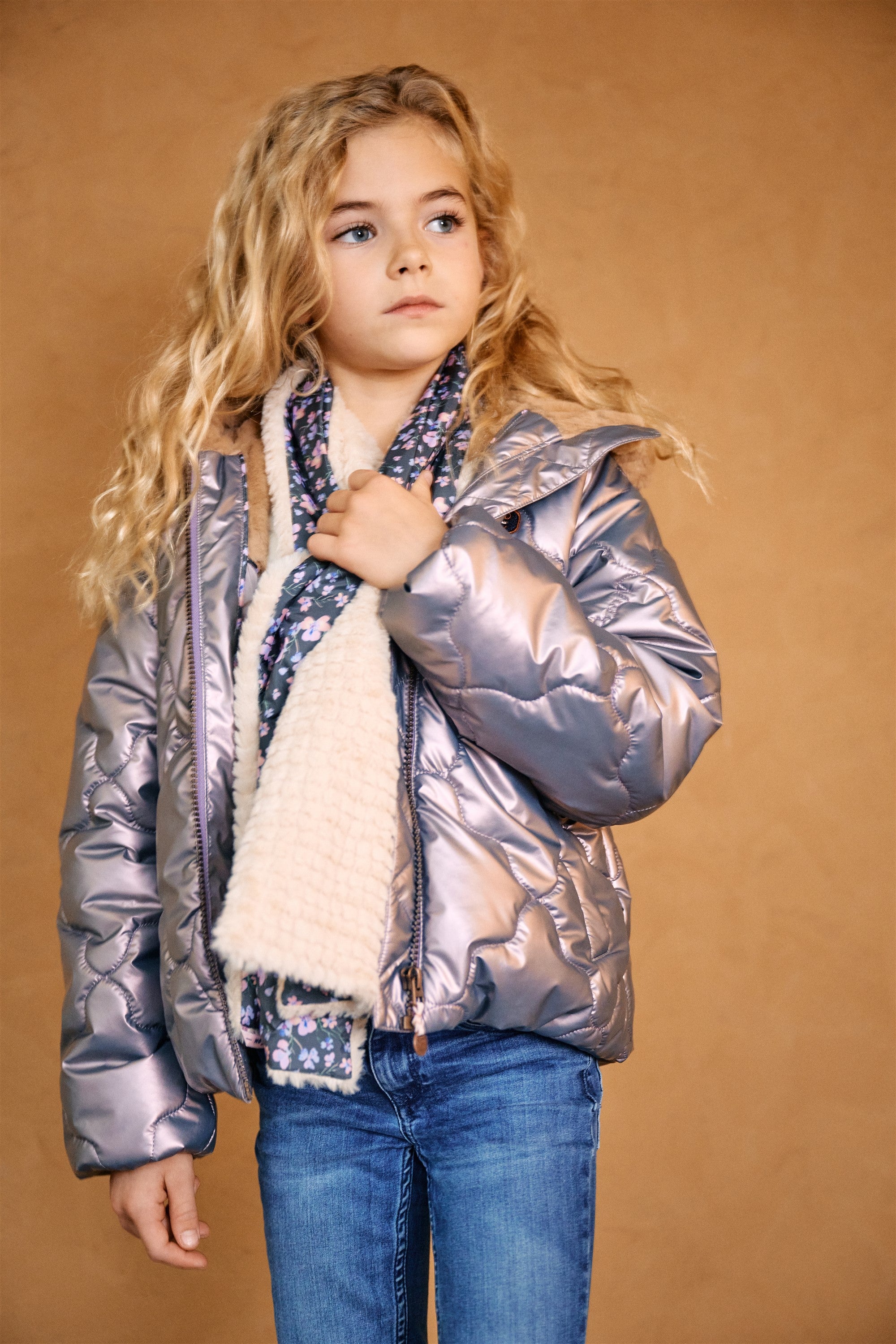 Bee Stepped Winter Coat with Hood Metallic Pink