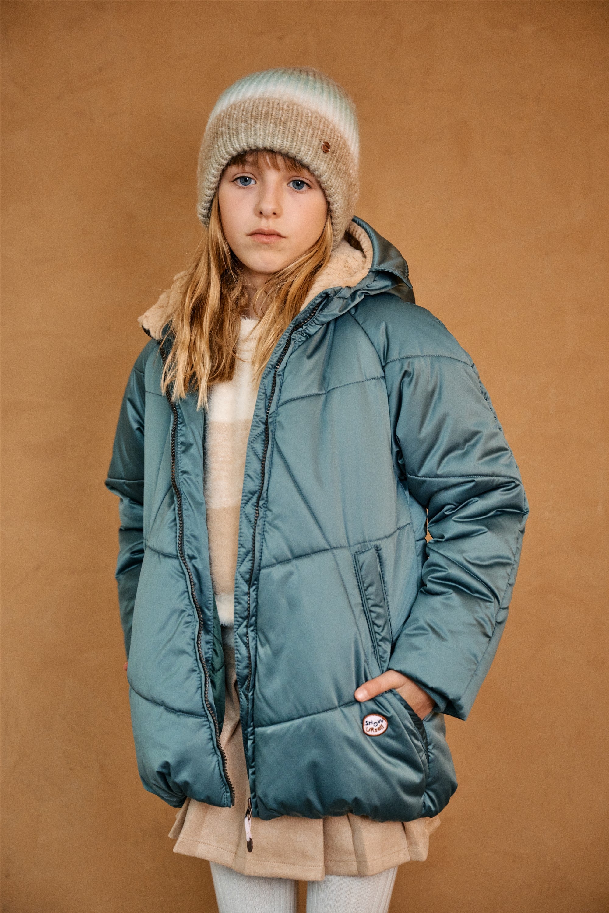 Baybee Half-Length Satin Winter Coat with Hood Green