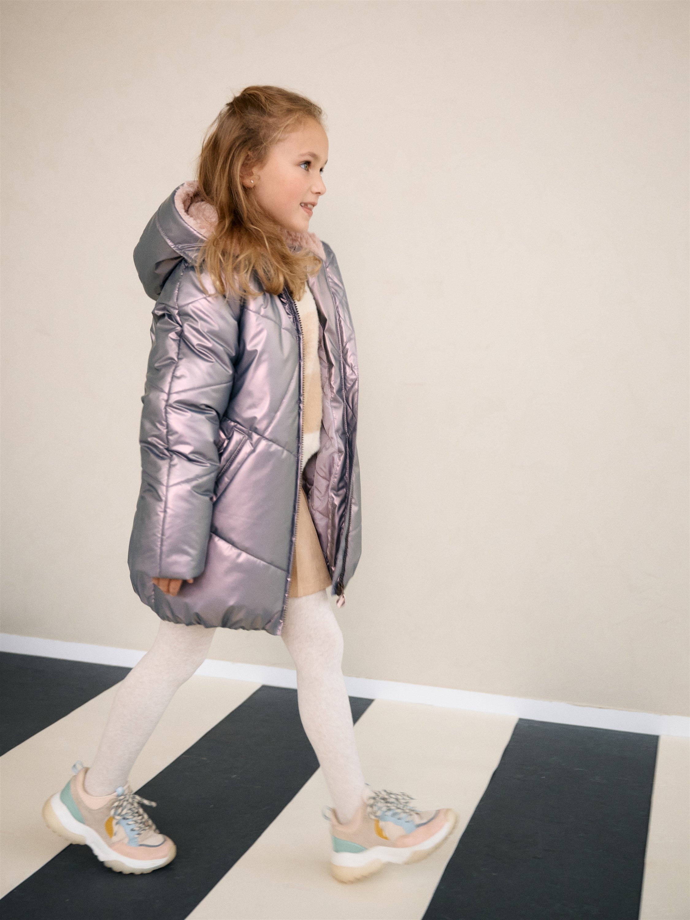 Baybee Halflange Satijnen Winterjas met Capuchon Metallic Roze