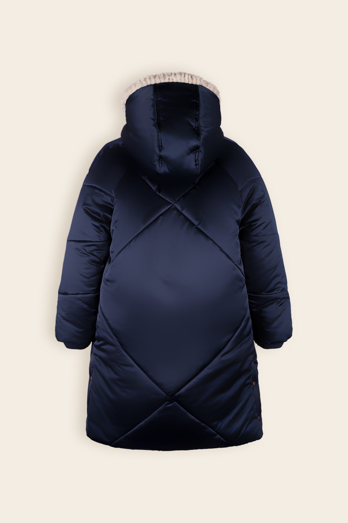 Beetle Long Satin Winter Coat with Hood Navy