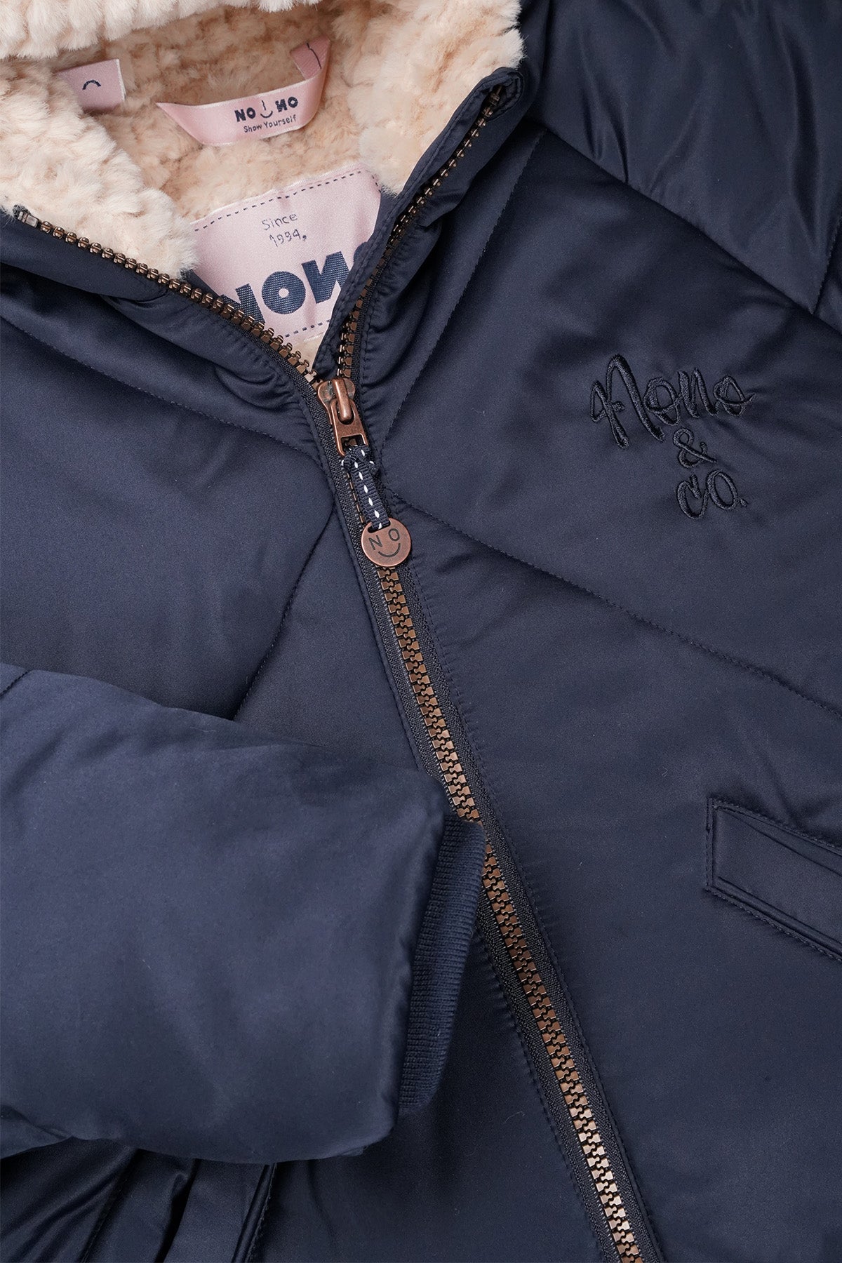 Beetle Long Satin Winter Coat with Hood Navy