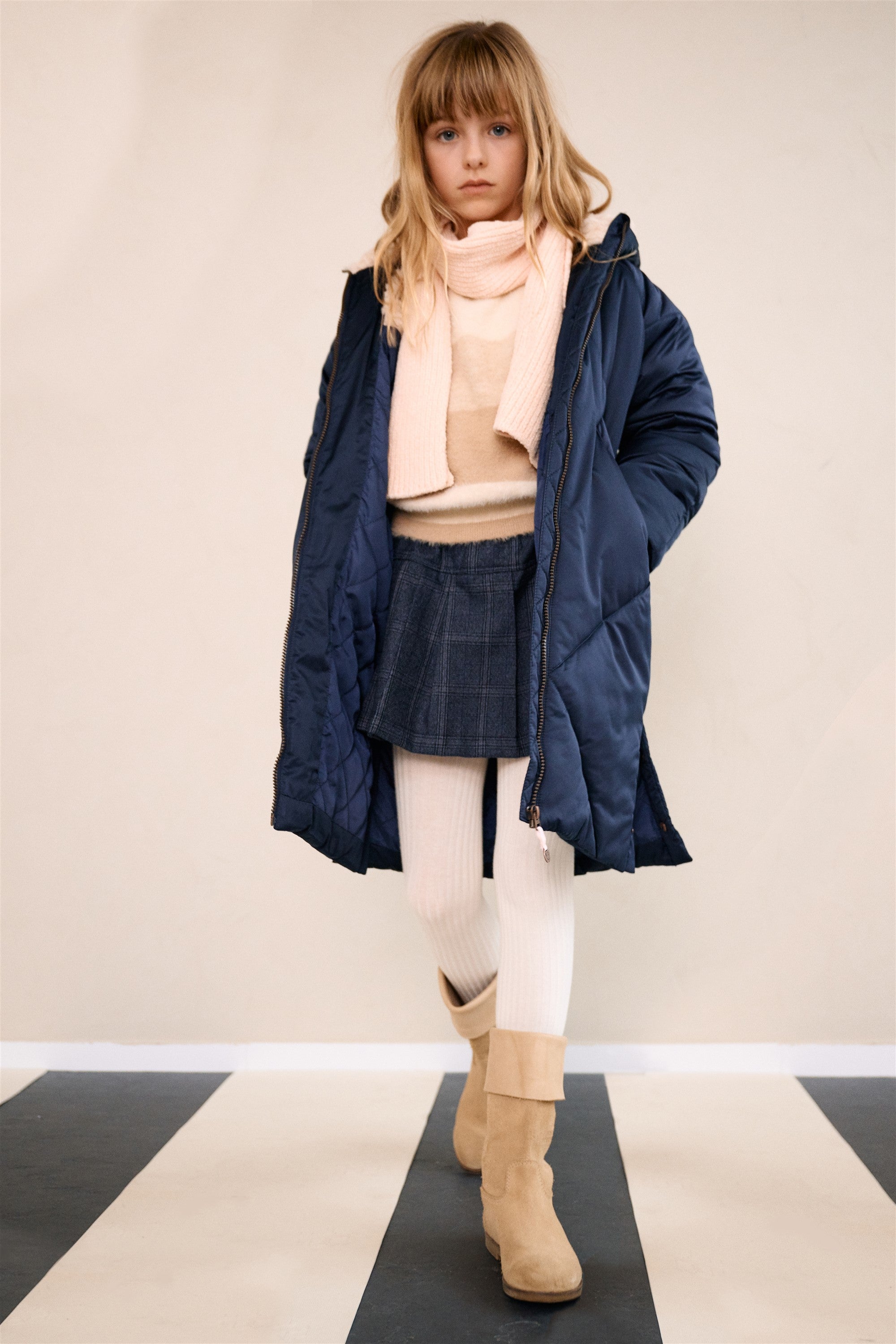 Beetle Long Satin Winter Coat with Hood Navy