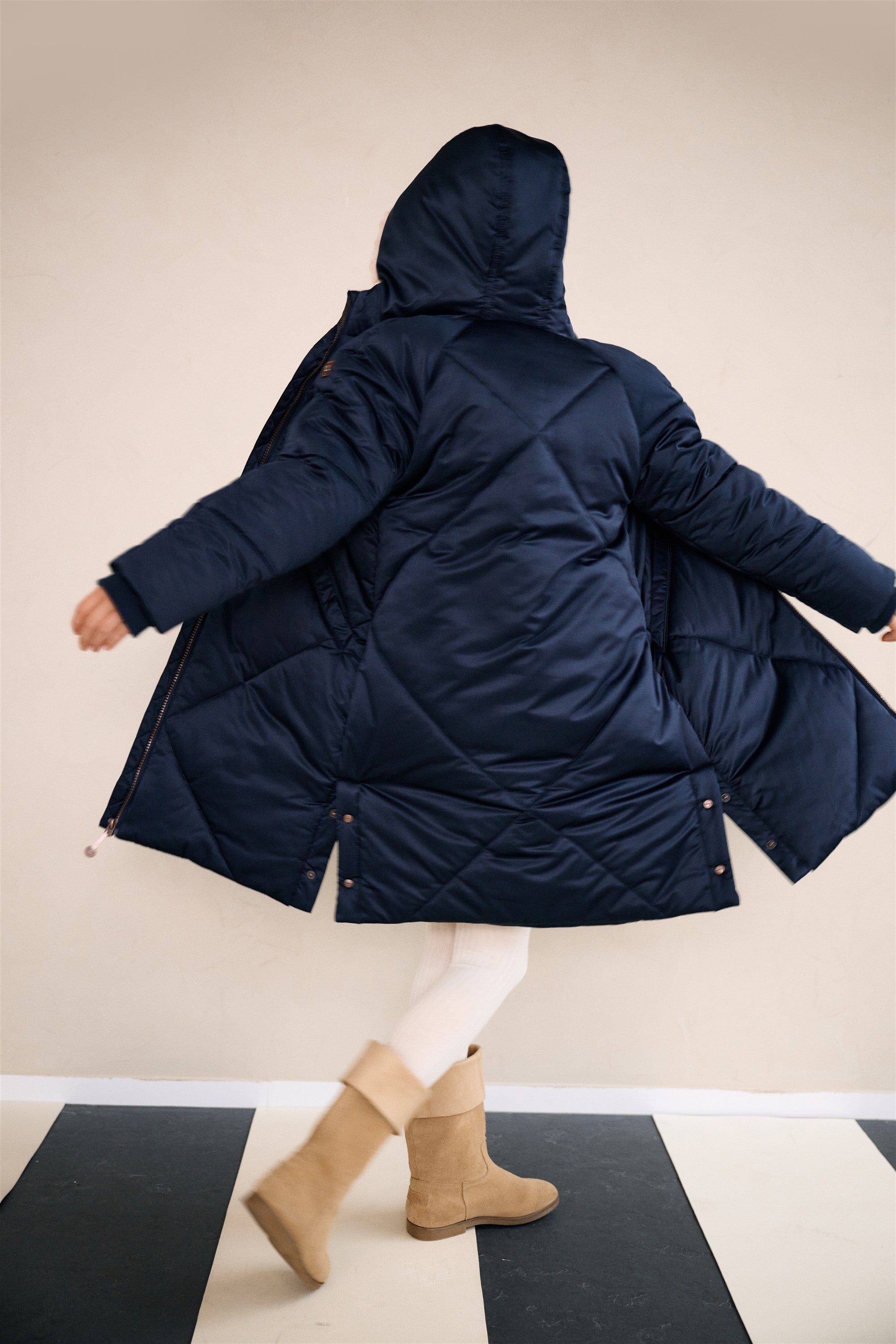 Beetle Long Satin Winter Coat with Hood Navy