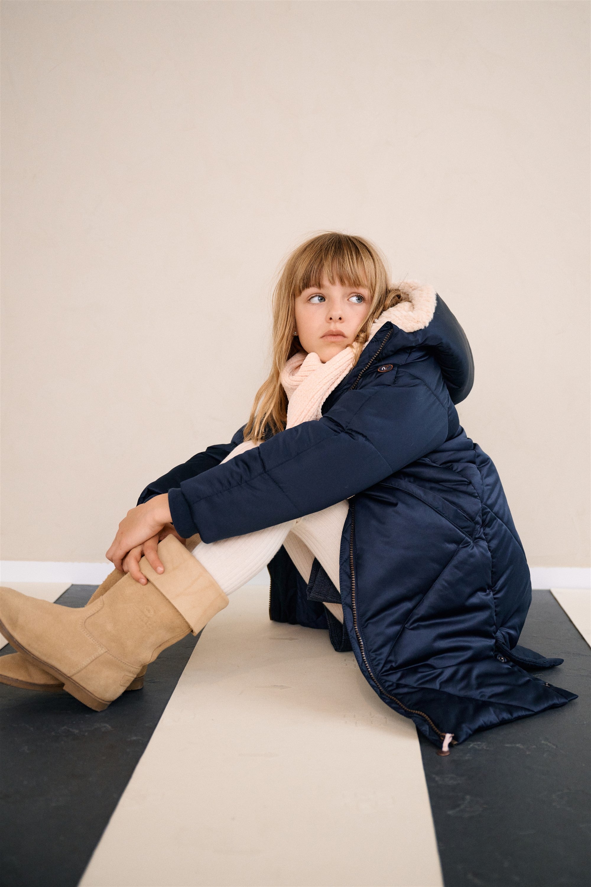 Beetle Long Satin Winter Coat with Hood Navy