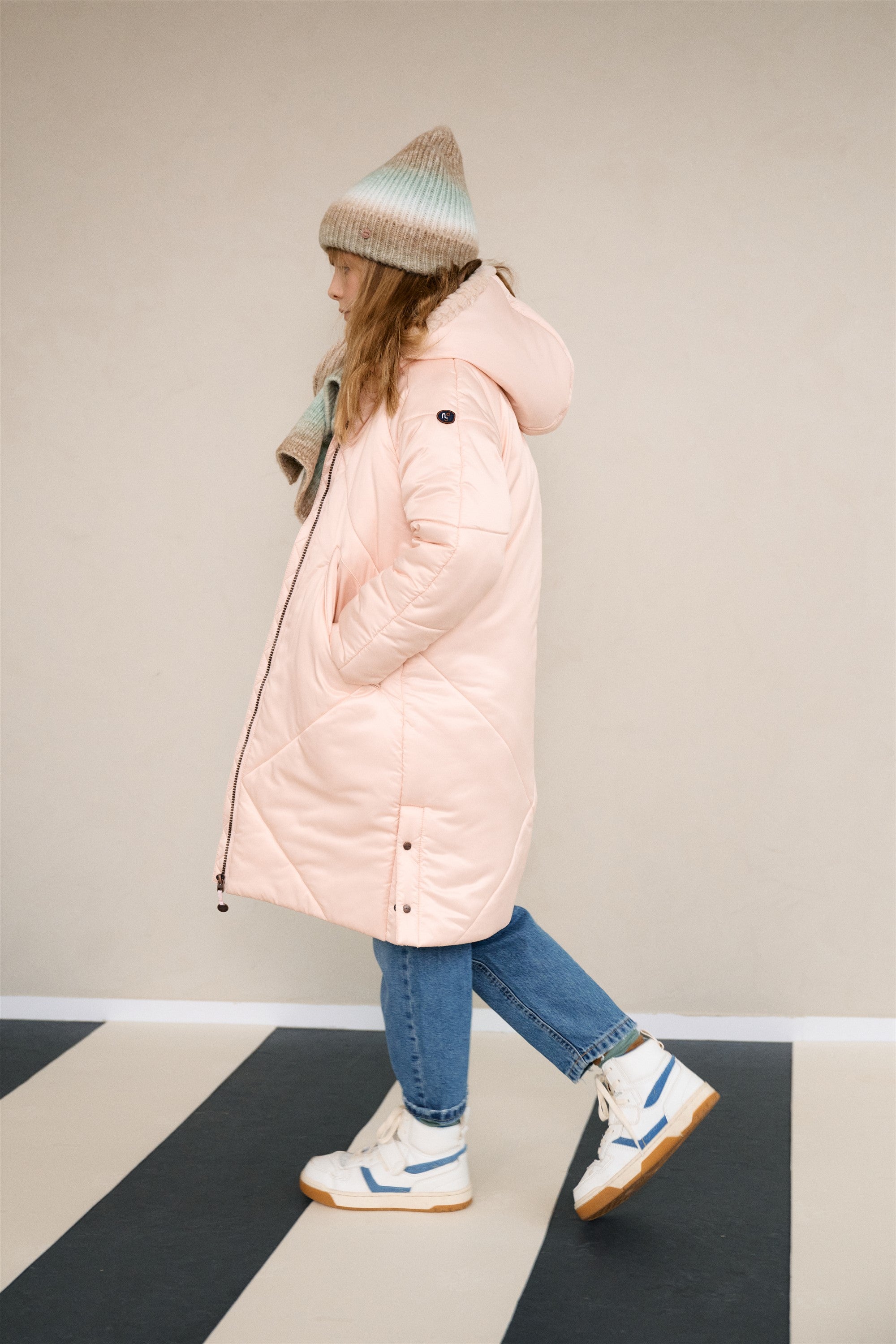 Beetle Long Satin Winter Coat with Hood Sand