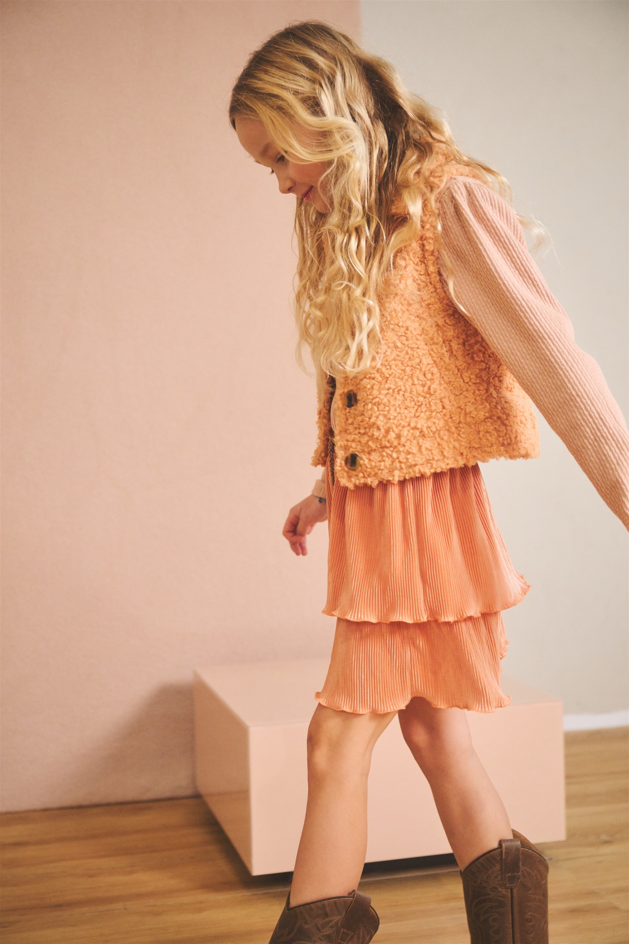 Moran Combi Dress with Pleated Skirt Peach