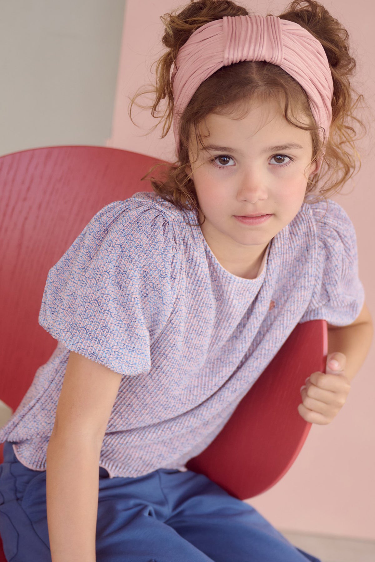 Tish Geprinte Plissee Top Blauw