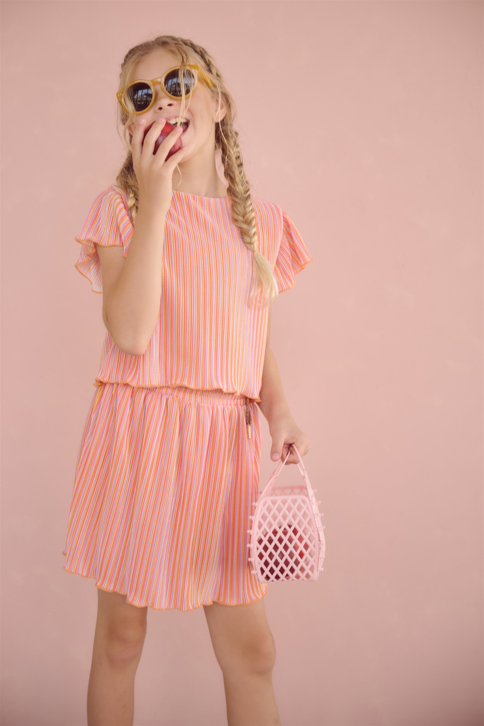 Tiana Striped Pleated Top Coral Orange