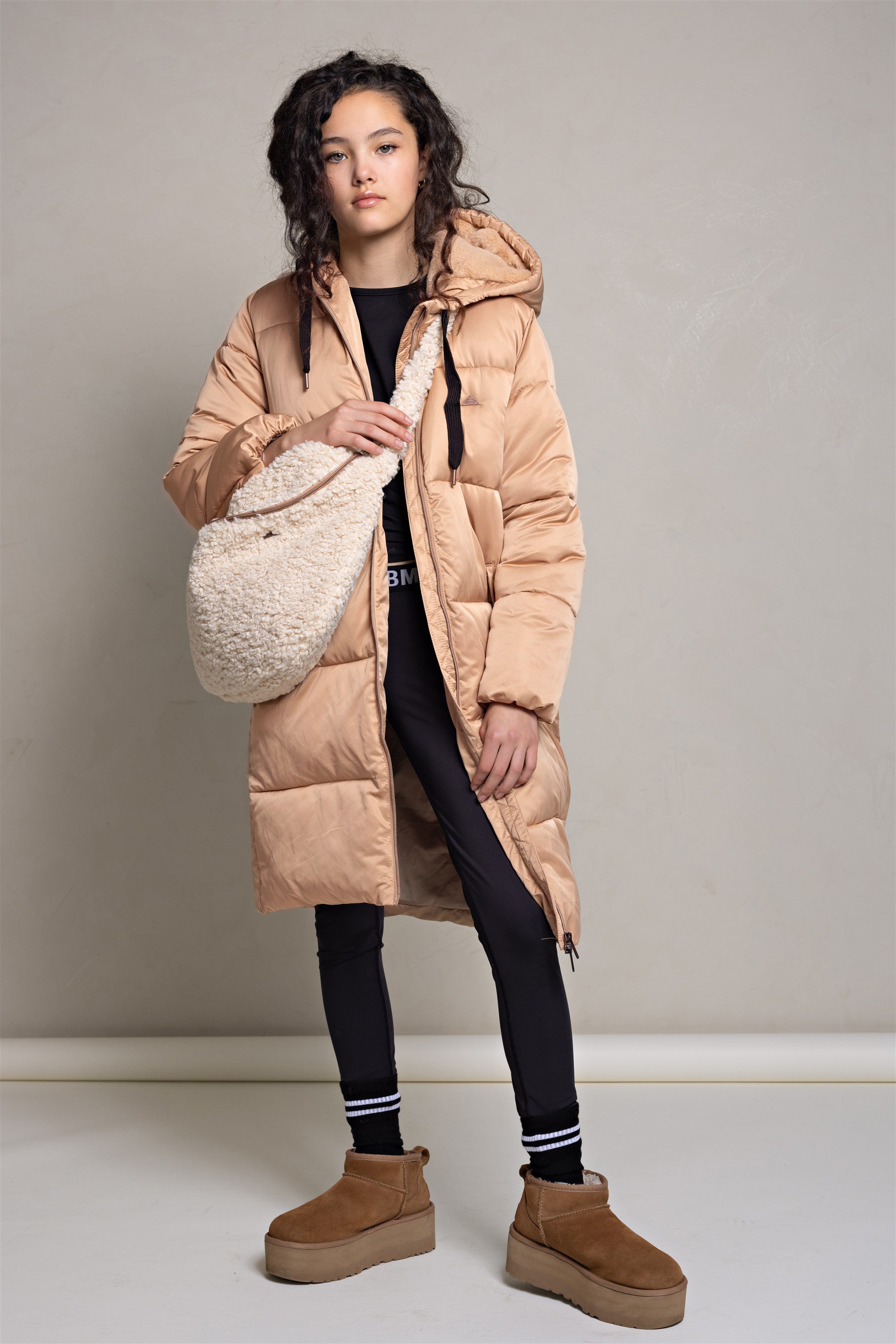 Baggo Long Puffer Jacket with Hood Beige Gold