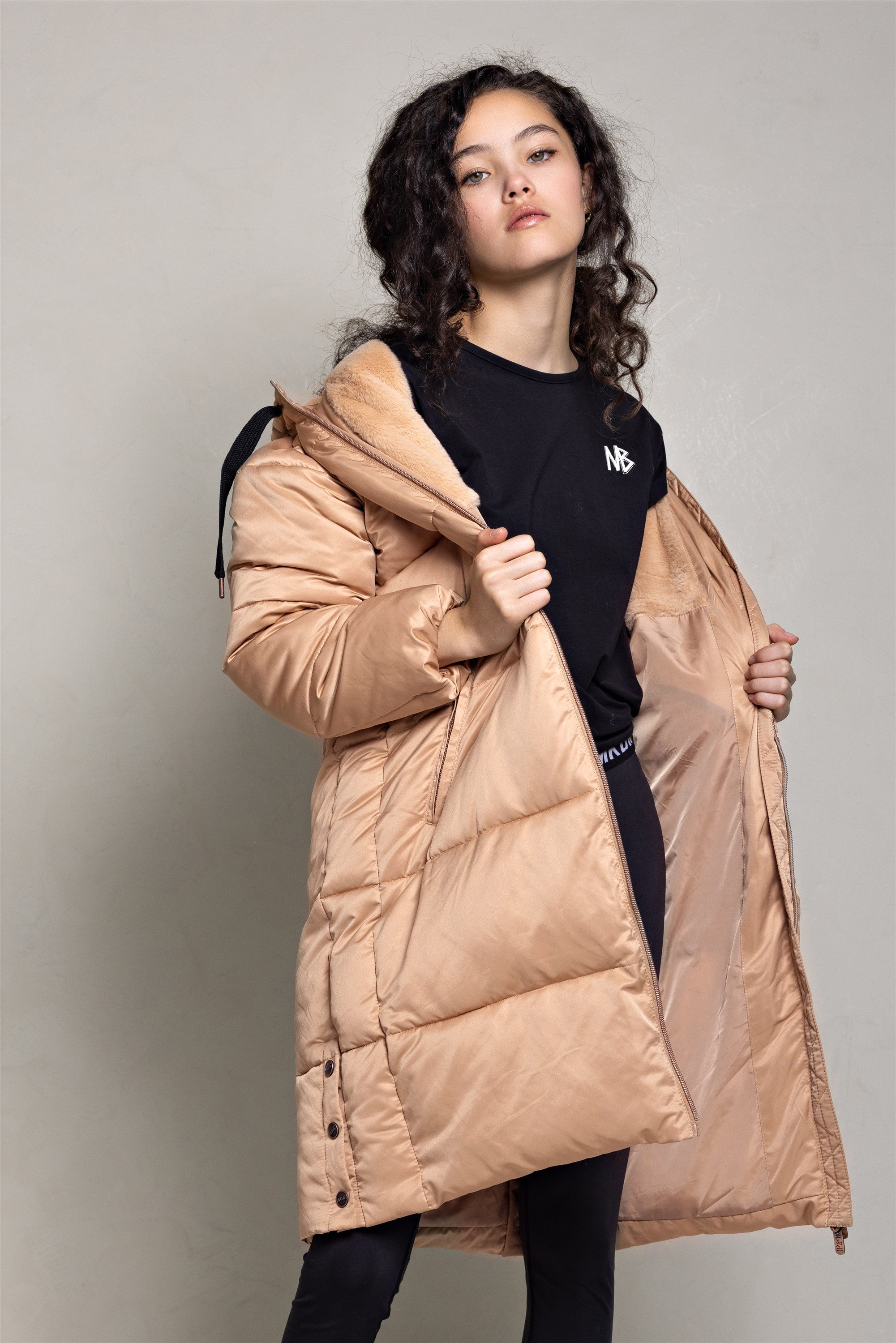 Baggo Long Puffer Jacket with Hood Beige Gold