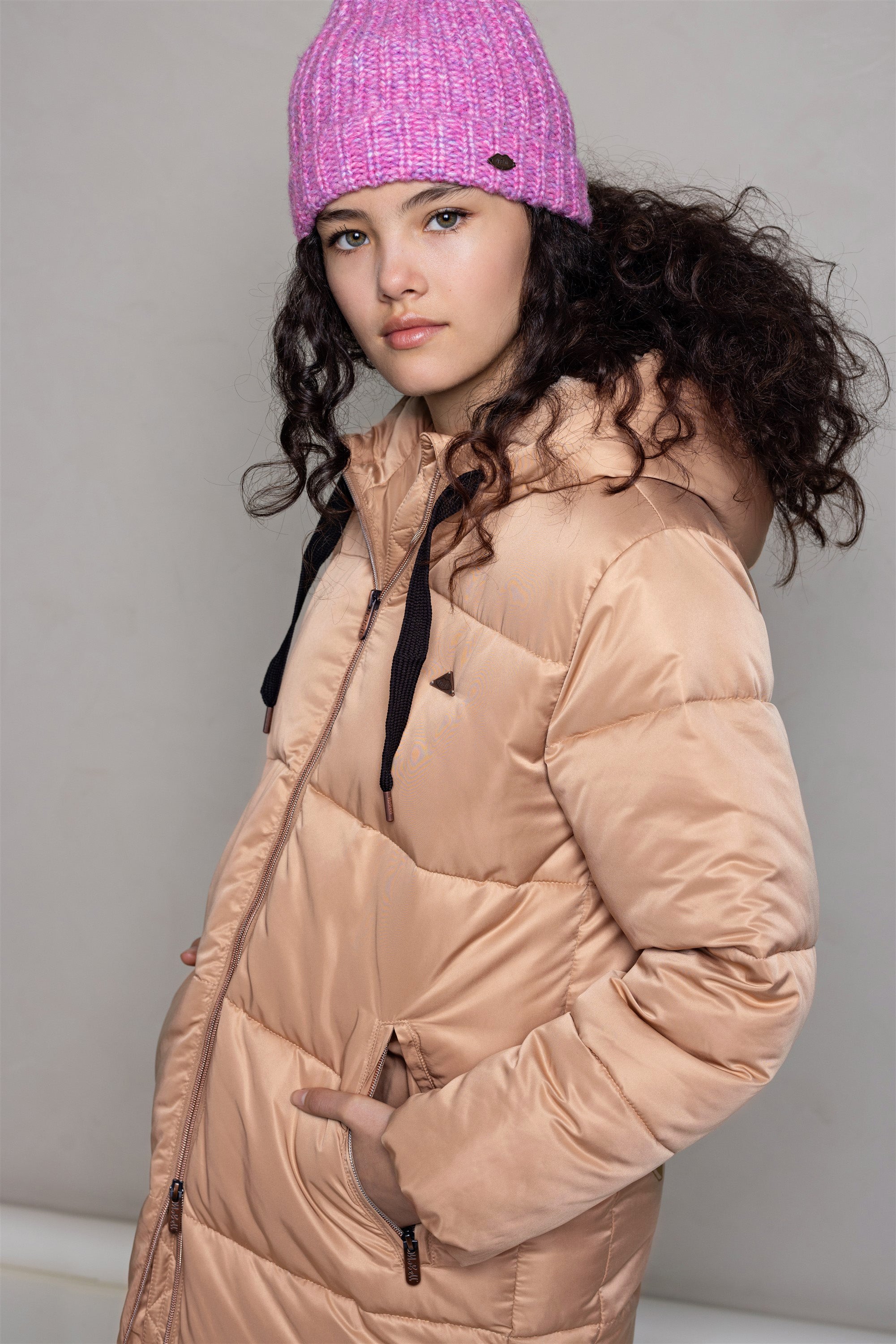 Baggo Long Puffer Jacket with Hood Beige Gold